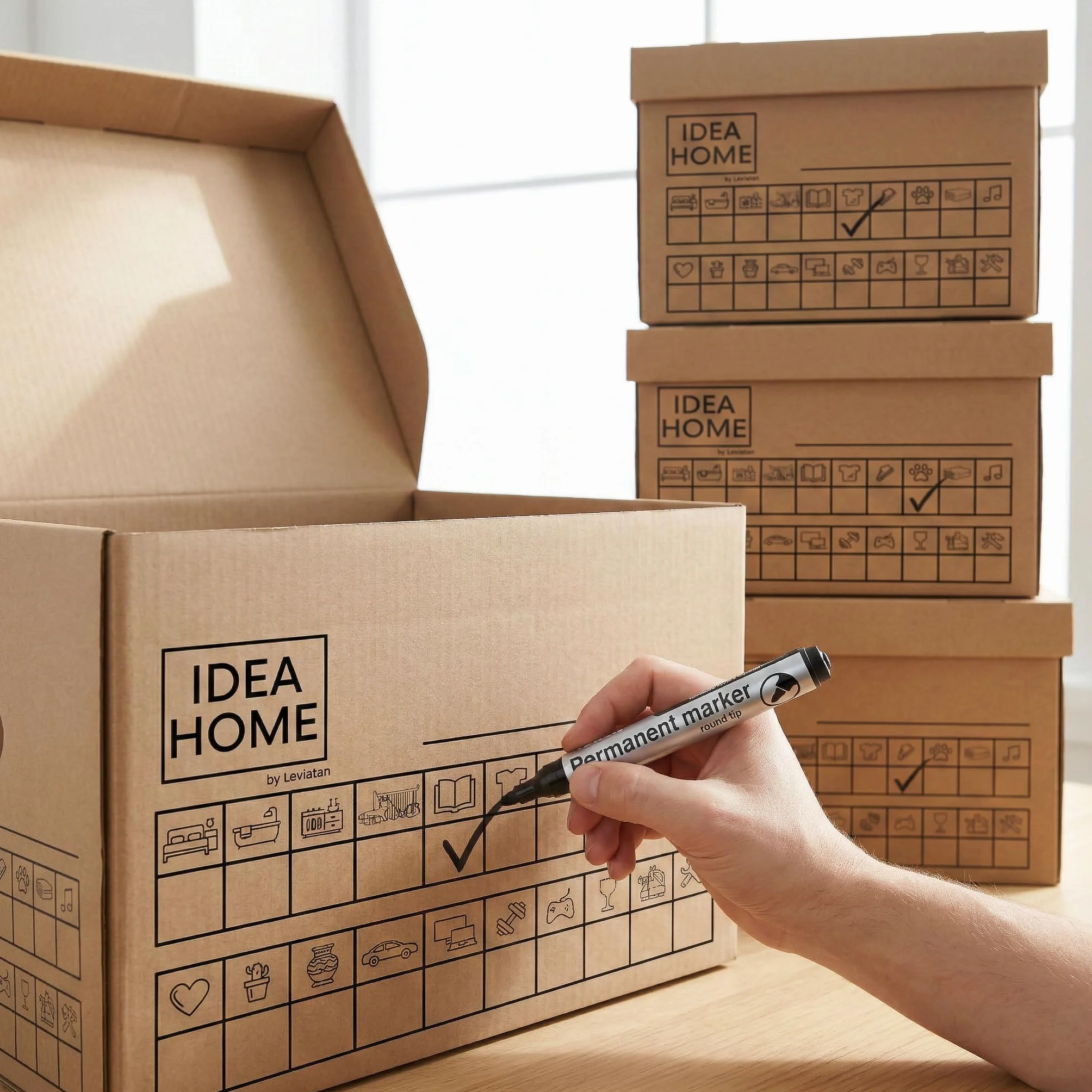 IDEA HOME MOOVE Scatole Trasloco Set 6 – Cartoni Resistenti 5 Strati 420 g/m² con Coperchio Autochiudente – Portata 30 kg – Maniglie Ergonomiche – Etichette e Marker Inclusi