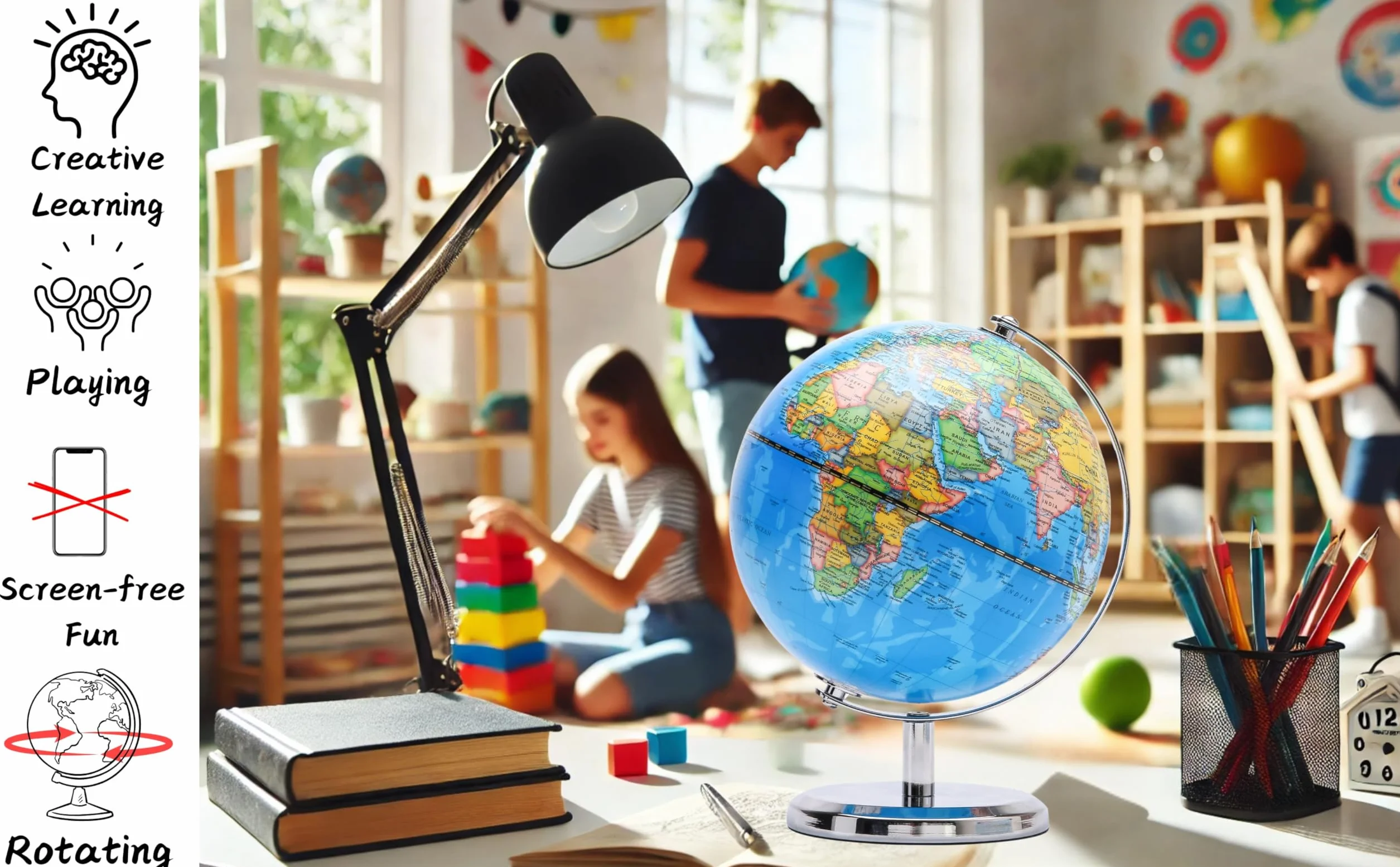 Exerz 20cm Mappamondo - Mappa Inglese - Con Base In Metallo Globo Della Scuola Decorazione/Educazione/Geografica/Moderna - Mappa politica - Diametro 20cm - Blu
