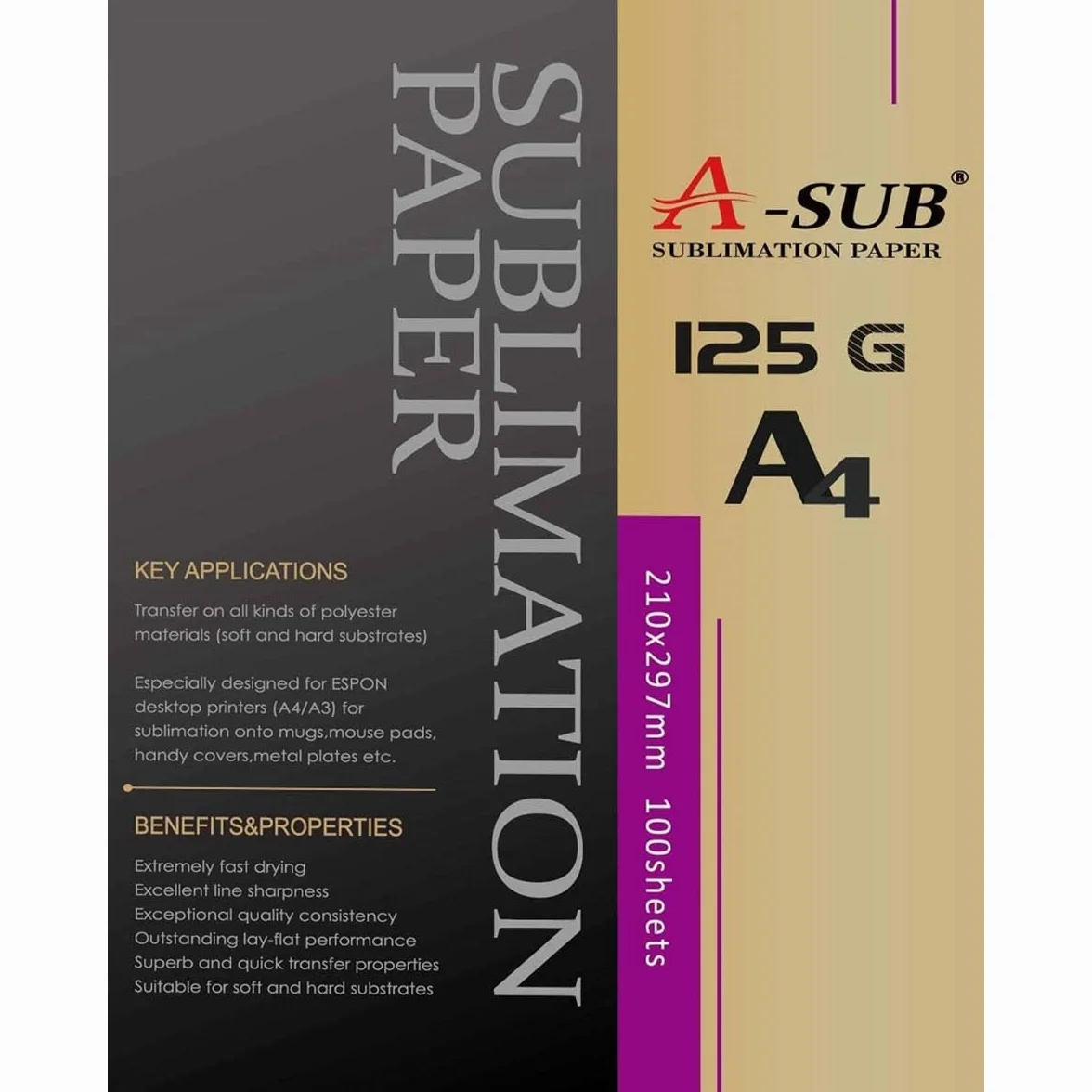 A-SUB Carta per sublimazione A4 210x297 mm 125 g/m² 100 fogli Compatibile con stampanti EPSON SAWGRASS RICOH BROTHER