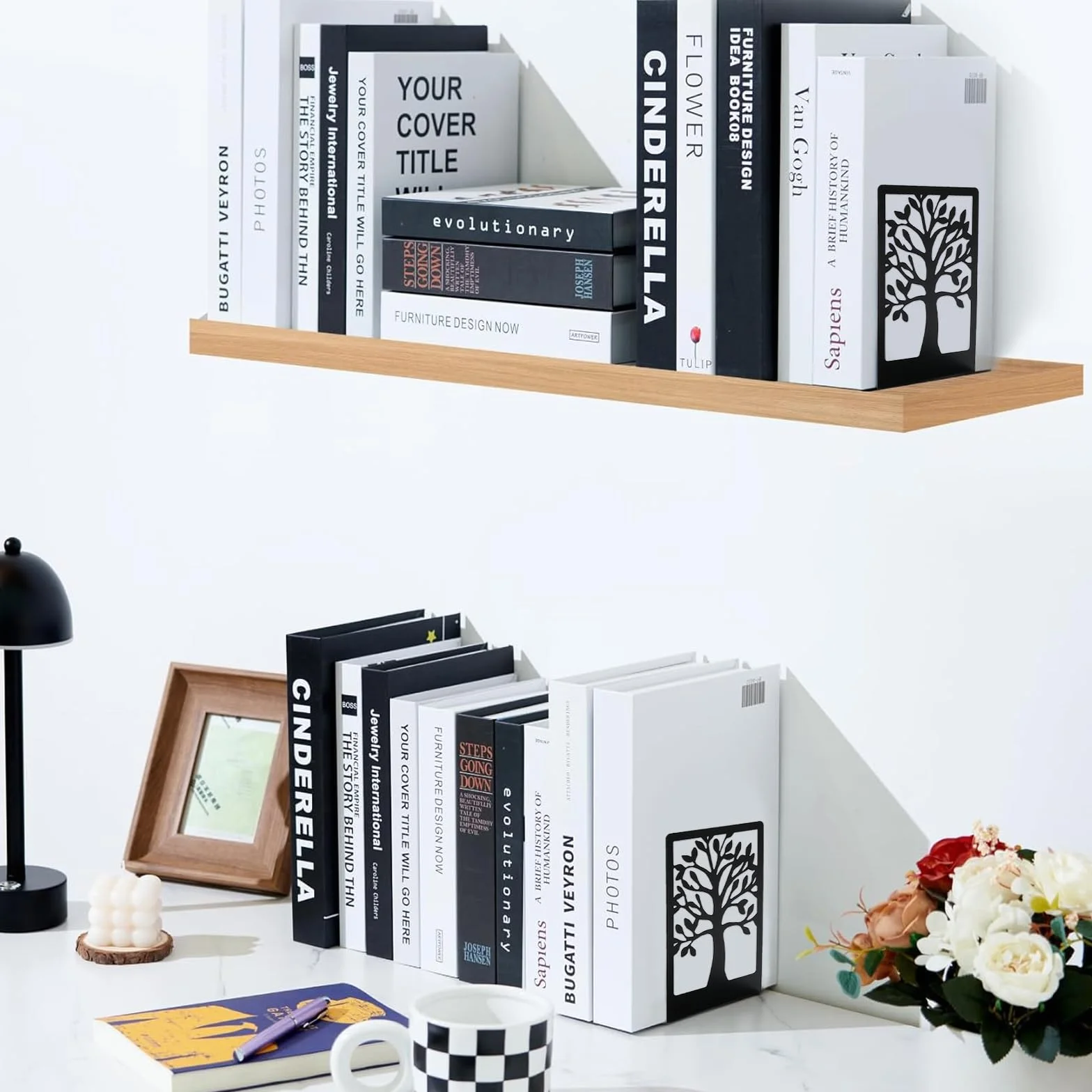 Ferma Libri per Libreria in Metallo Antiscivolo 4 PCS - Coppie di Reggi Libri per Mensole, per Scuola Casa Ufficio (Nero)