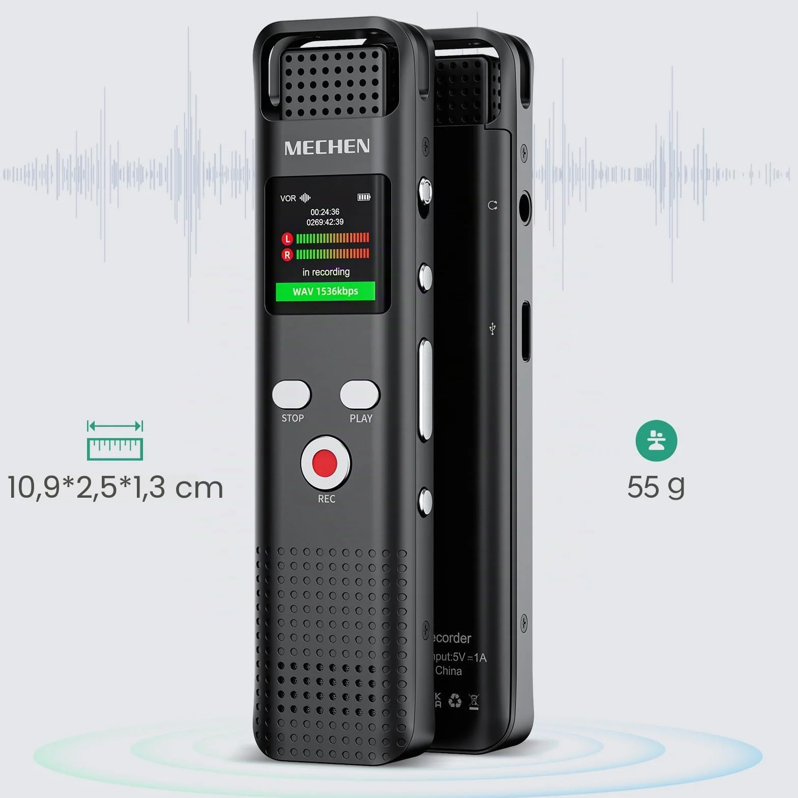 MECHEN Registratore vocale da 128 GB con riconoscimento vocale, 1536 kbps con lettore MP3, qualità audio HD, cancellazione del rumore, registratore vocale per lezioni