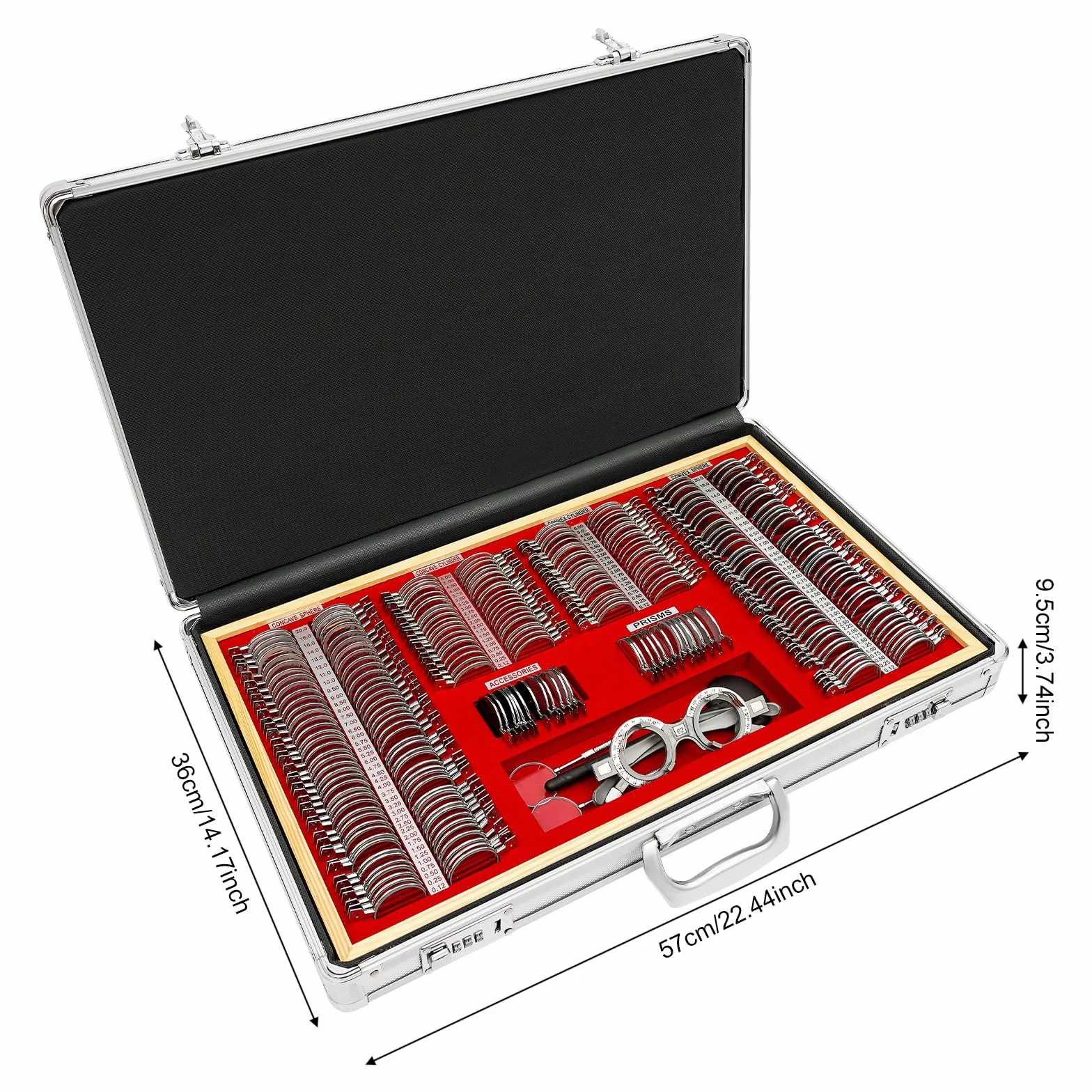 Set di 266 lenti di prova, in metallo, optometry, ottiche, lenti ottiche, con bordo in metallo, per ottometristi e uso domestico per esaminare ipermetropia, miopia, presbiopia, 57 × 36 × 9,5 cm