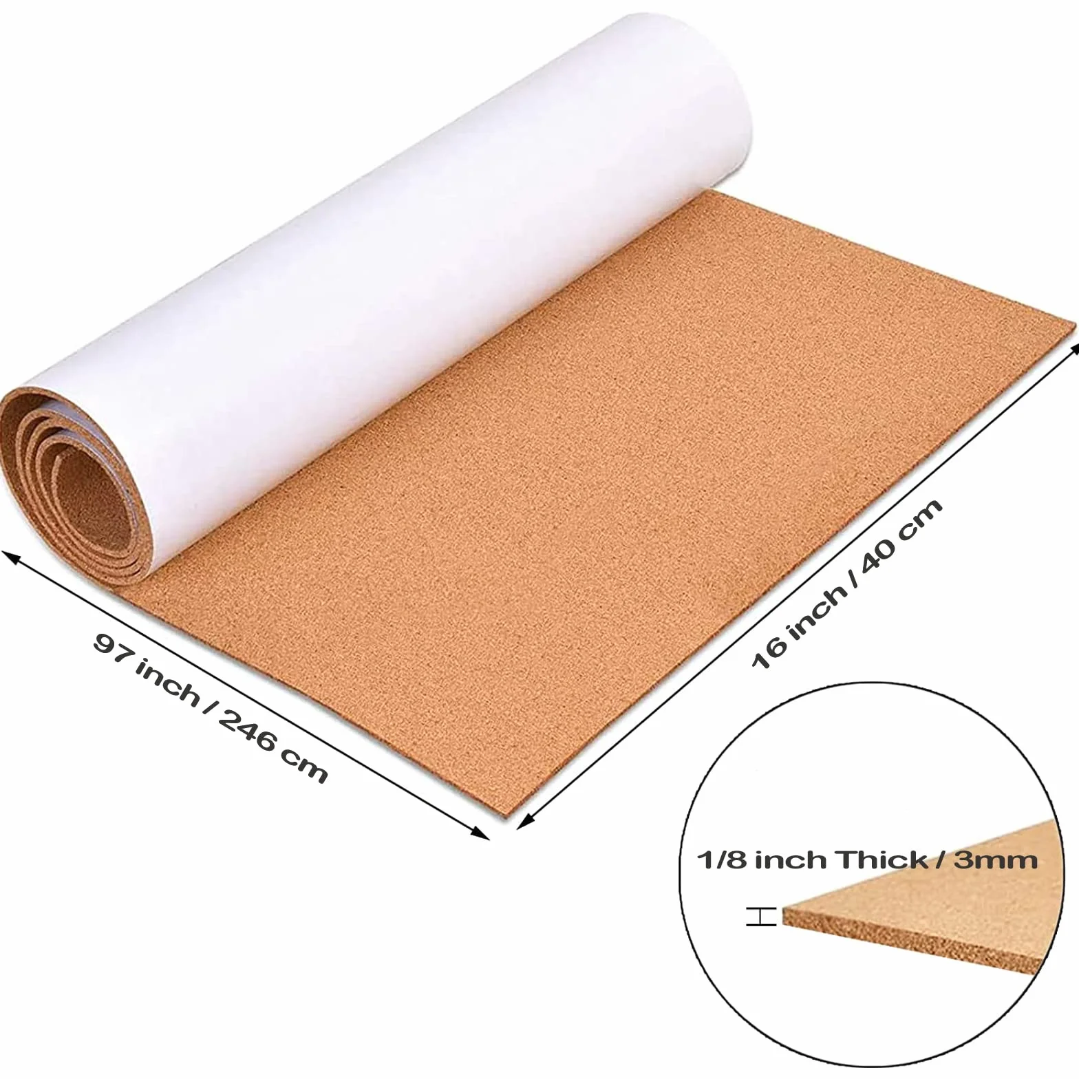 Rotolo di bacheca in sughero, rotoli di sughero autoadesivo spesso 3 mm, 40 x 246 cm, per parete, ufficio, casa, cucina, bacheca per poster, ideale per fai da te (0,3 cm di spessore, 240 x 40