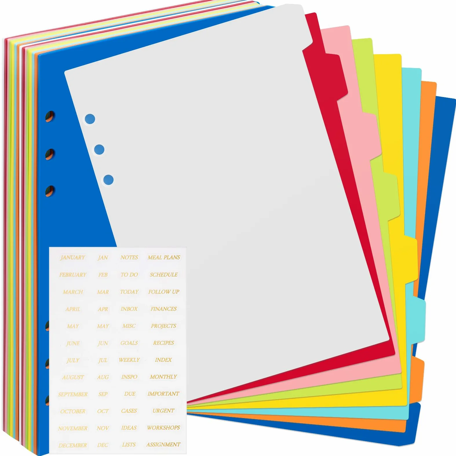 64 divisori per raccoglitori a 6 fori, formato A5, 20 x 14 cm, 8 colori, in plastica, con adesivi mensili dorati, per quaderni, raccoglitori a foglia larga, diario di viaggio, agenda