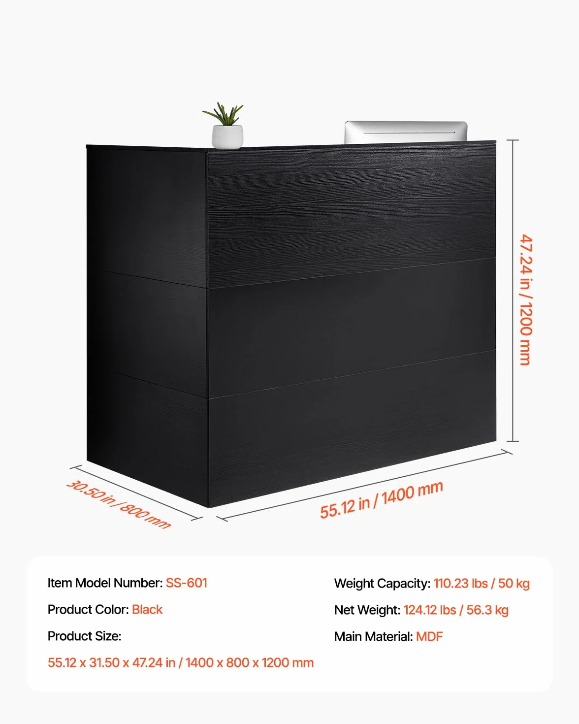 VEVOR Banco Reception 1600 x 600 x 1110 mm Tavolo da Banco Rettangolare, Tavolo di Vendita per Ufficio con Luce a LED, per Registratori di Cassa, Hall, Saloni di Bellezza e Uffici, Nero e Marrone