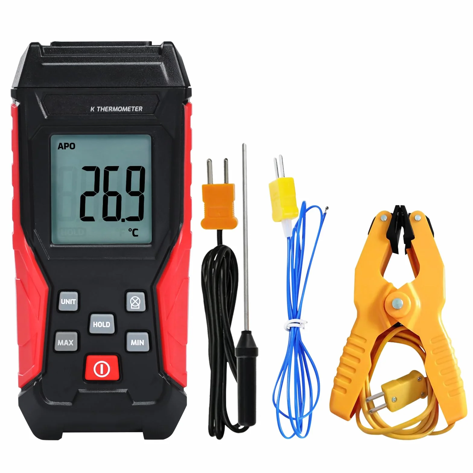 Termometro digitale tipo K 2 sonde termocoppia 2 pinze temperatura industriale monocanale -328°F a 2500°F display LCD retroilluminato Max/Min mantenimento dati