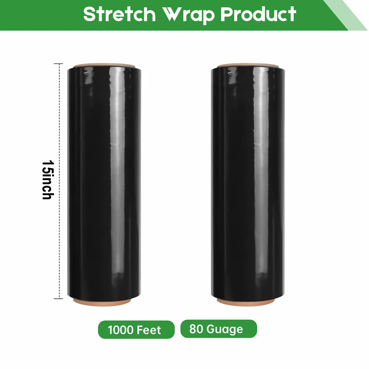 Pellicola estensibile nera per traslochi e imballaggi, 38,1 cm x 304,4 m, pellicola in plastica di protezione ad alta resistenza, 60 gauge (15μm) (4 rolle)