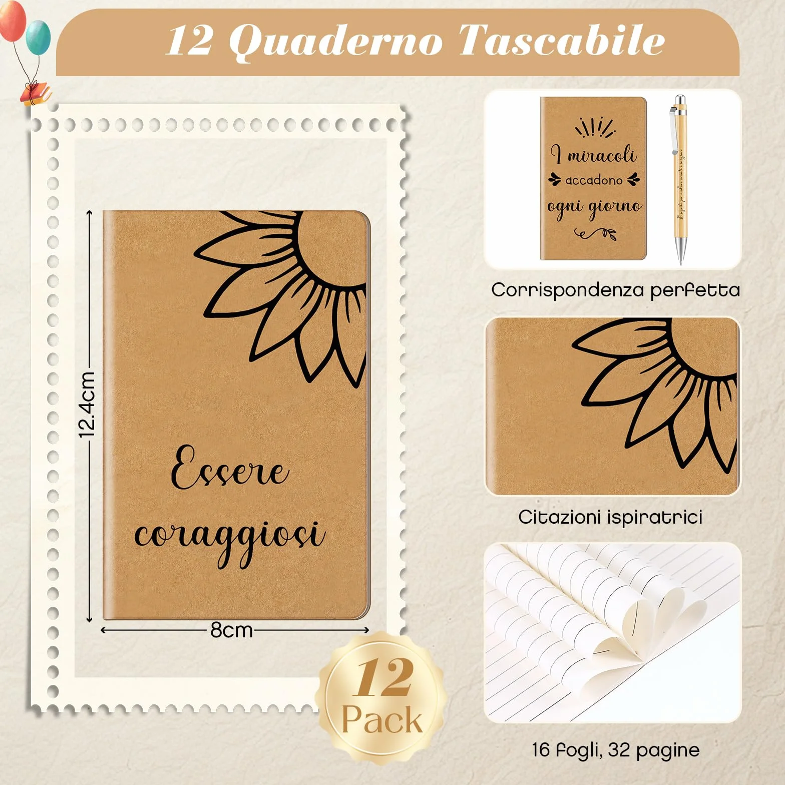 Tenare 12 Set Regalo Motivazionale Insegnanti Quaderni Ispirazione Italiana 12,4 x 8cm Mini Diario Penne Sfera