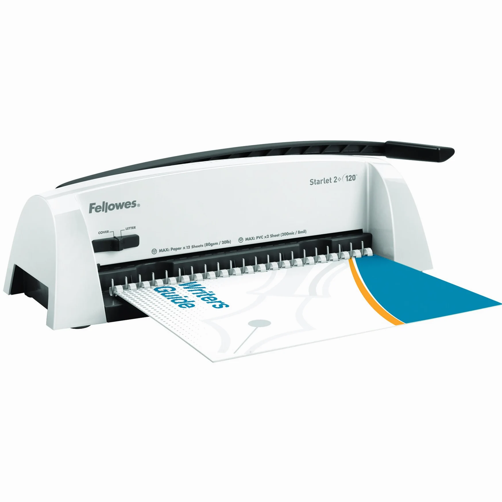 Fellowes 5227901 Rilegatrice Dorsi Starlet 2+, 12 Fogli & 5376001 Copertine per Rilegatura in PVC Trasparente, Formato A4, 150 Micron, Confezione da 100 Pezzi