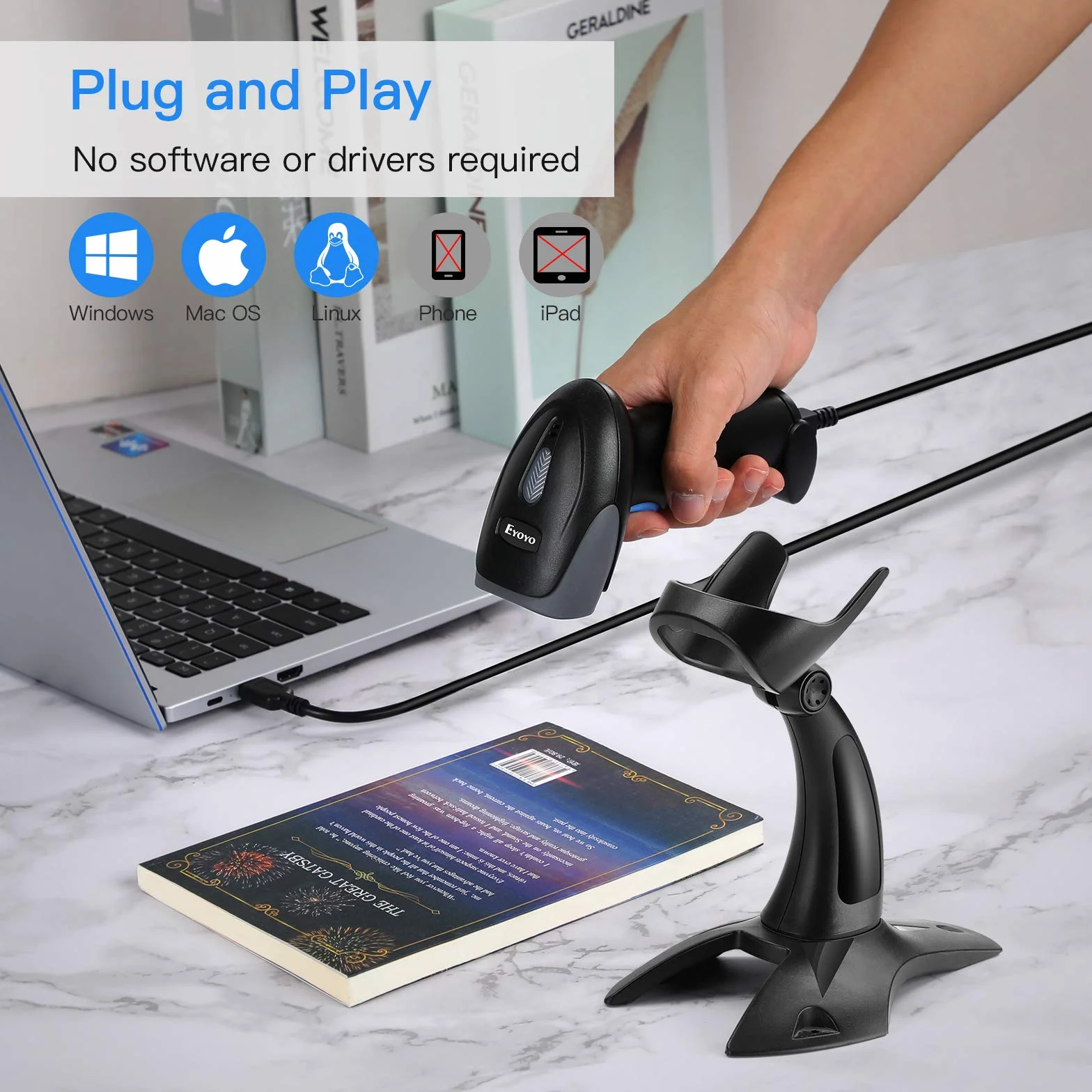 Eyoyo lettore di codici a barre 2D 1D con supporto, USB Wired QR code Barcode Scanner, scanner manuale per la gestione dell'inventario, codice a barre portatile/lettore di codici QR