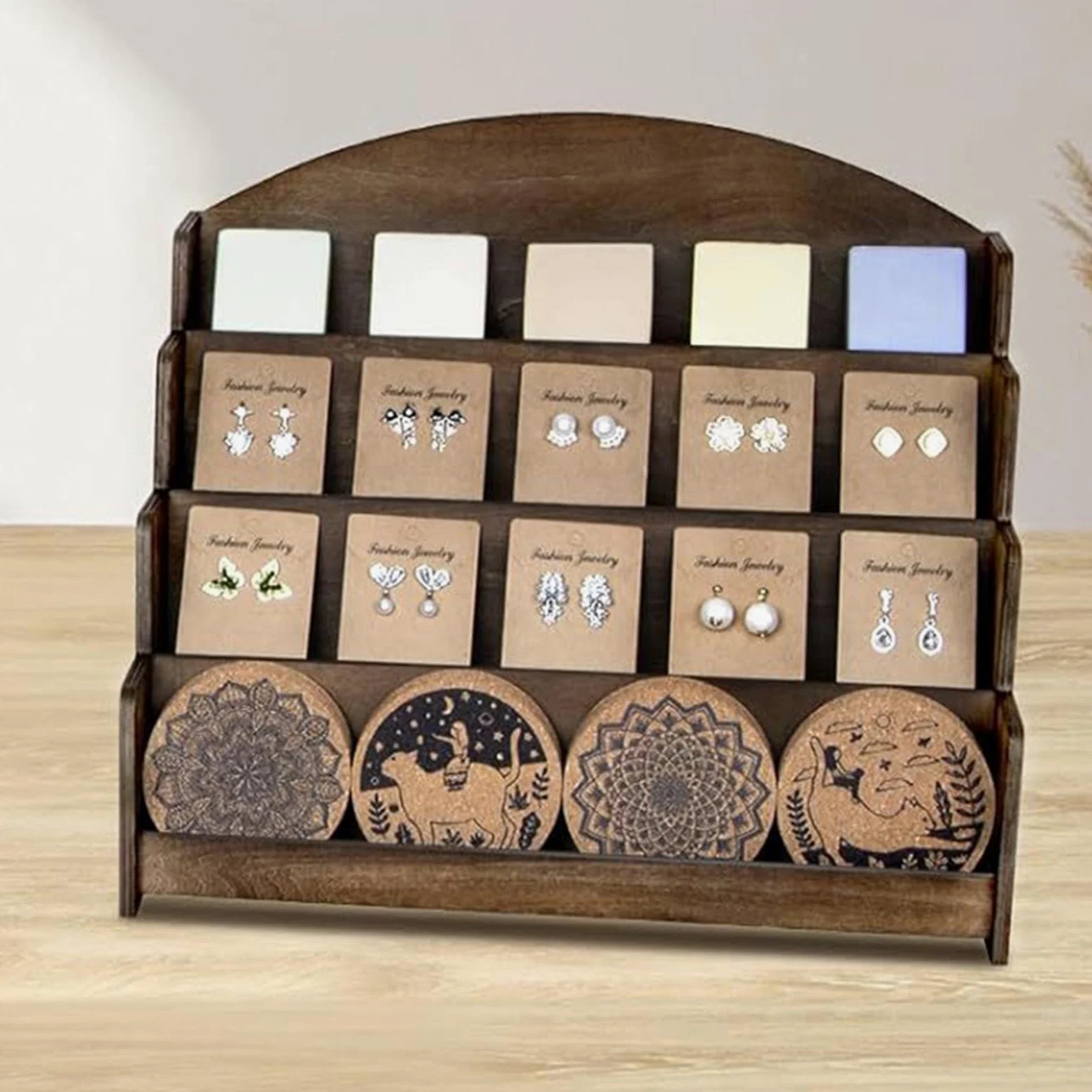 Espositore per Carte da Collezione Organizer 4 Ripiani per Cartoline | Espositore per Biglietti Augurali per Insegna Immagine Festa Business Cupcake Libro Foto Profumo Scrivania Tavolo