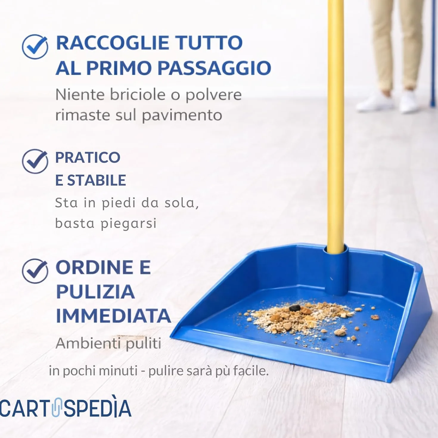 Scopa e Paletta con Manico Lungo 120 cm - Asta in Legno Filettato - Paletta Alzaimmondizia in Plastica - Setole Piumate per Pulizia
