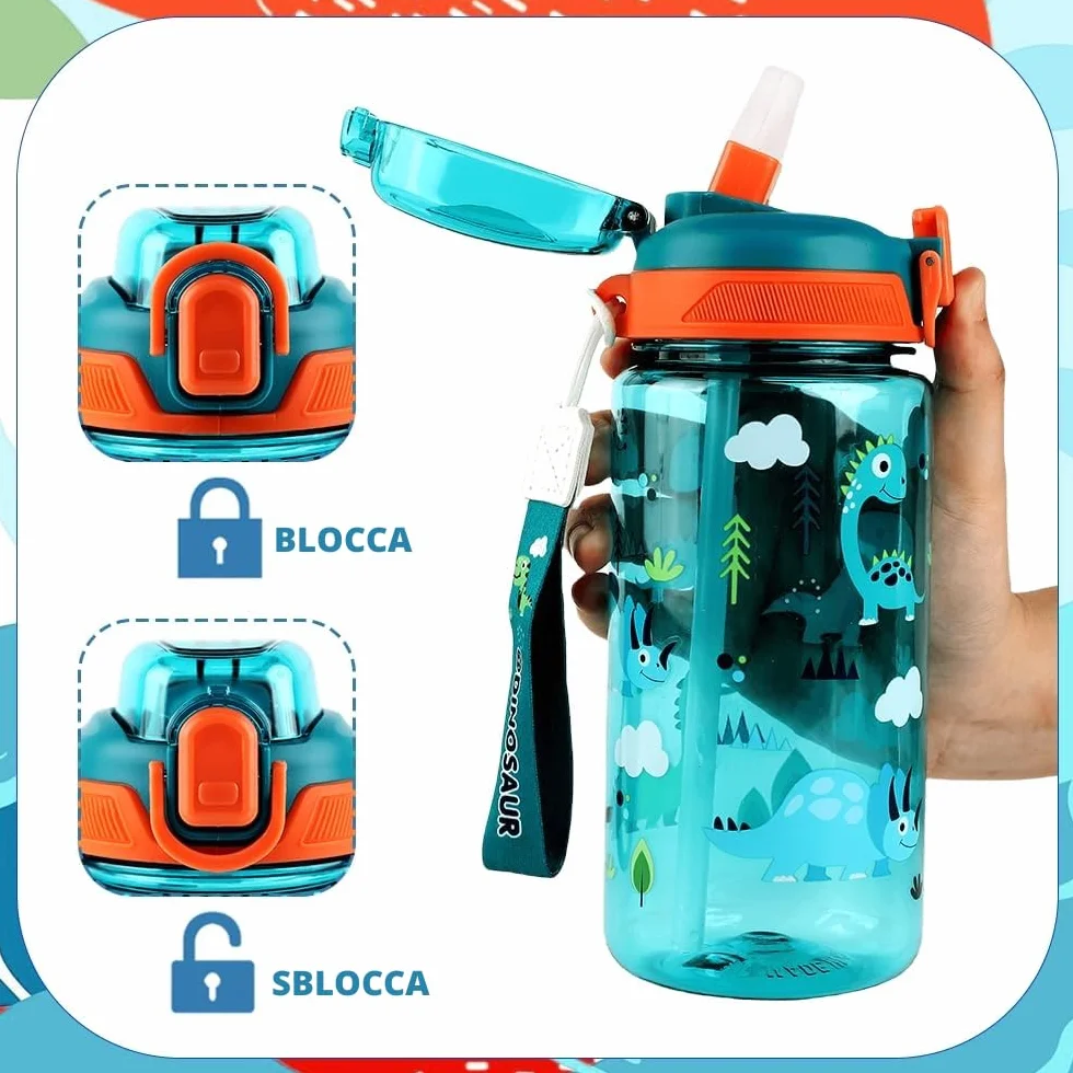 Dinosauro Borraccia Bambini 600 ML Infrangibile Senza BPA Apertura One-Touch Facile da Pulire