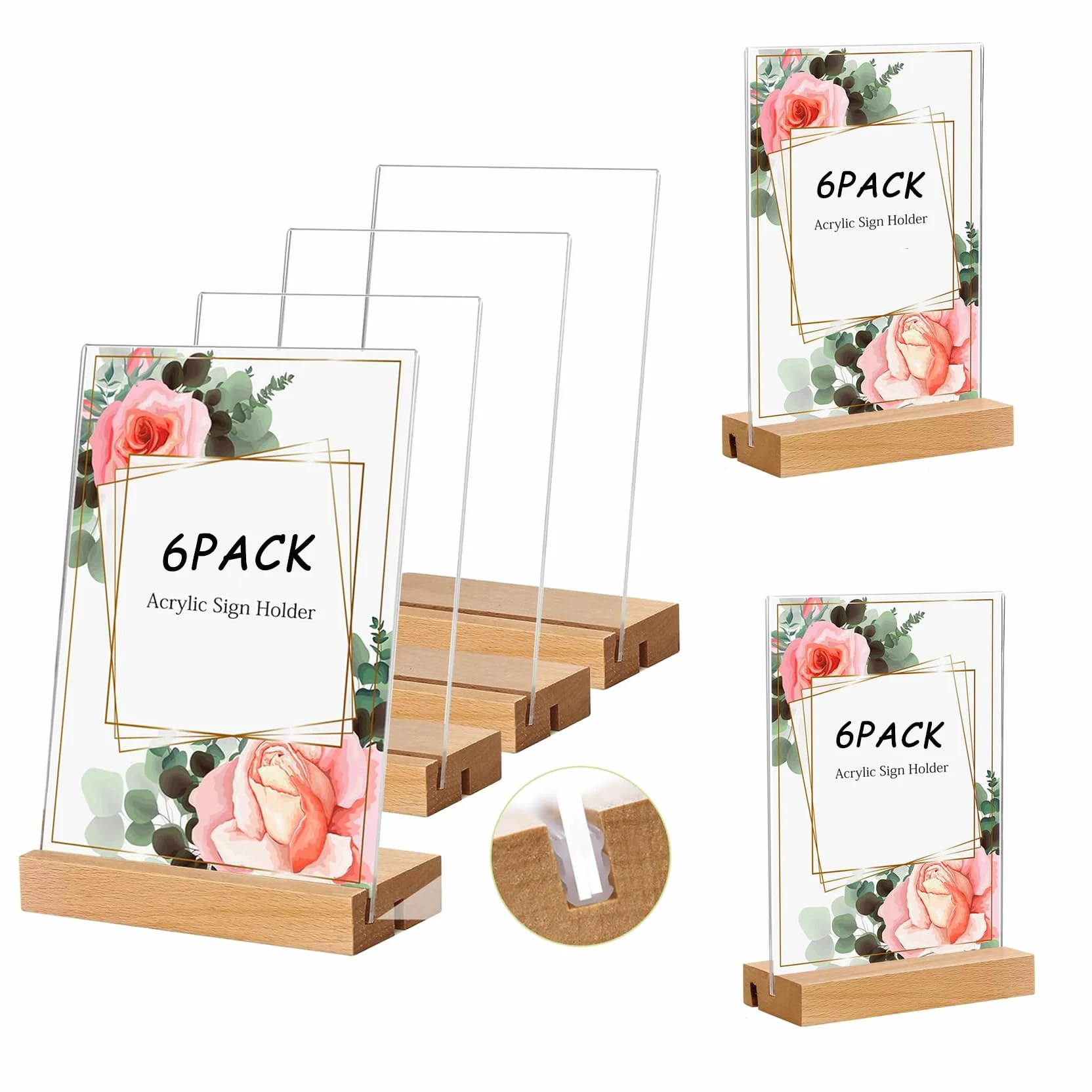 6 pezzi Espositori da tavolo A6, in acrilico, doppio slot per carte di credito, supporto da tavolo con base in legno, cartellini dei prezzi, supporto per display verticale, per ristoranti