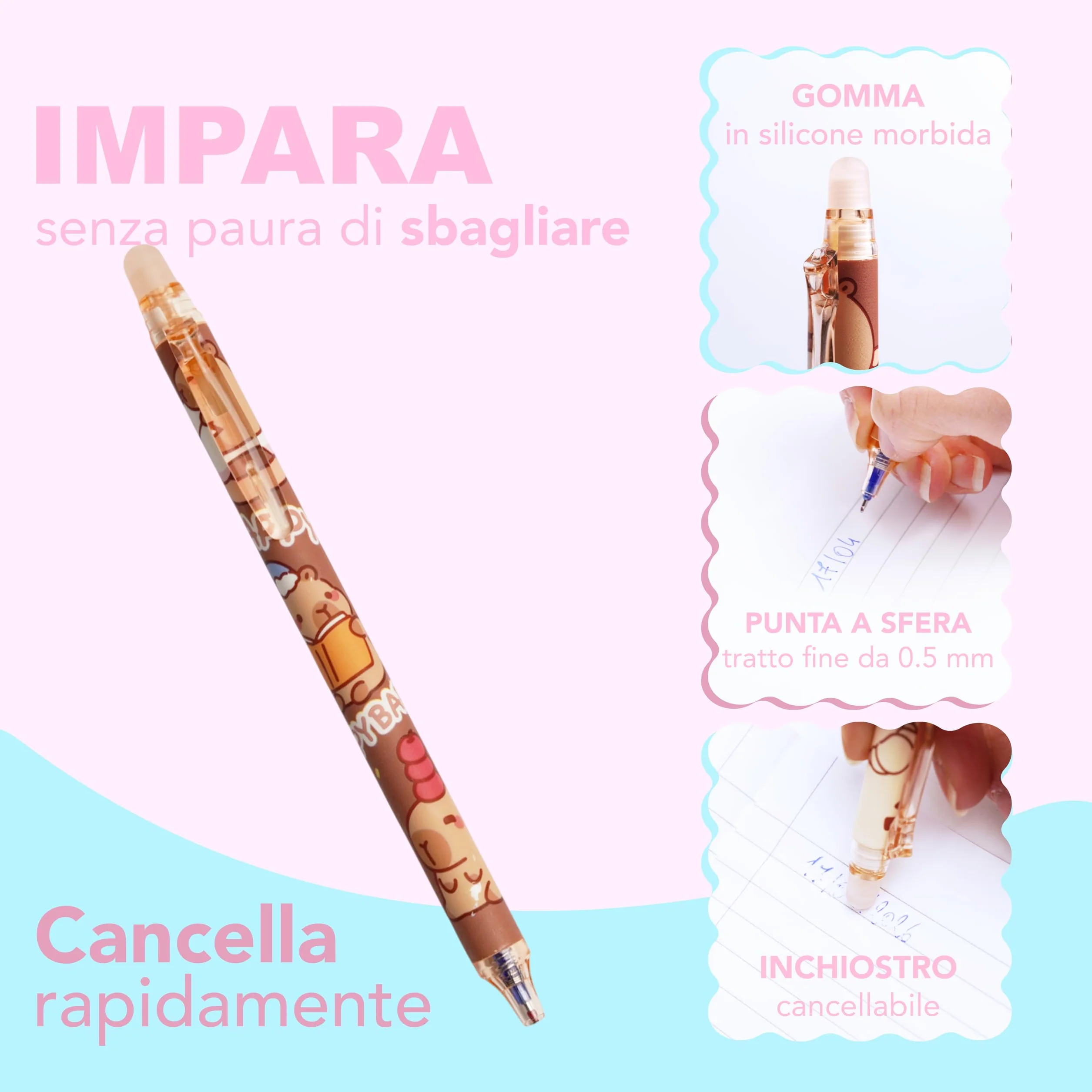 Generico Penne Cancellabili per Bambini Punta Fine 0,5 mm 6 Pezzi Ricaricabili Inchiostro Cancellabile Design Cartoon