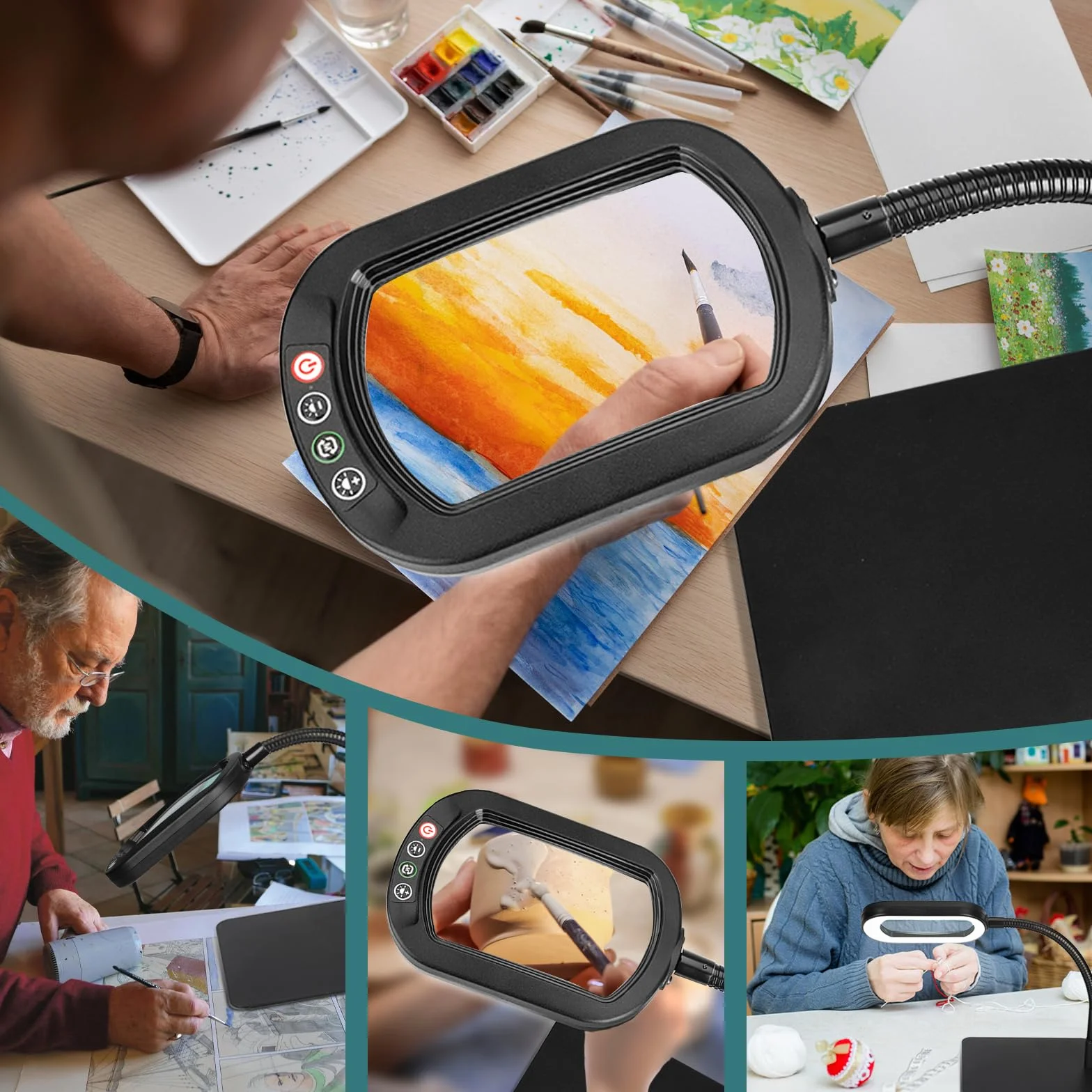 Drdefi 10X Rettangolare Lente di Ingrandimento con Luce LED, Lampada da Scrivania Flessibile con Collo di Cigno, 5 Modalità Colore