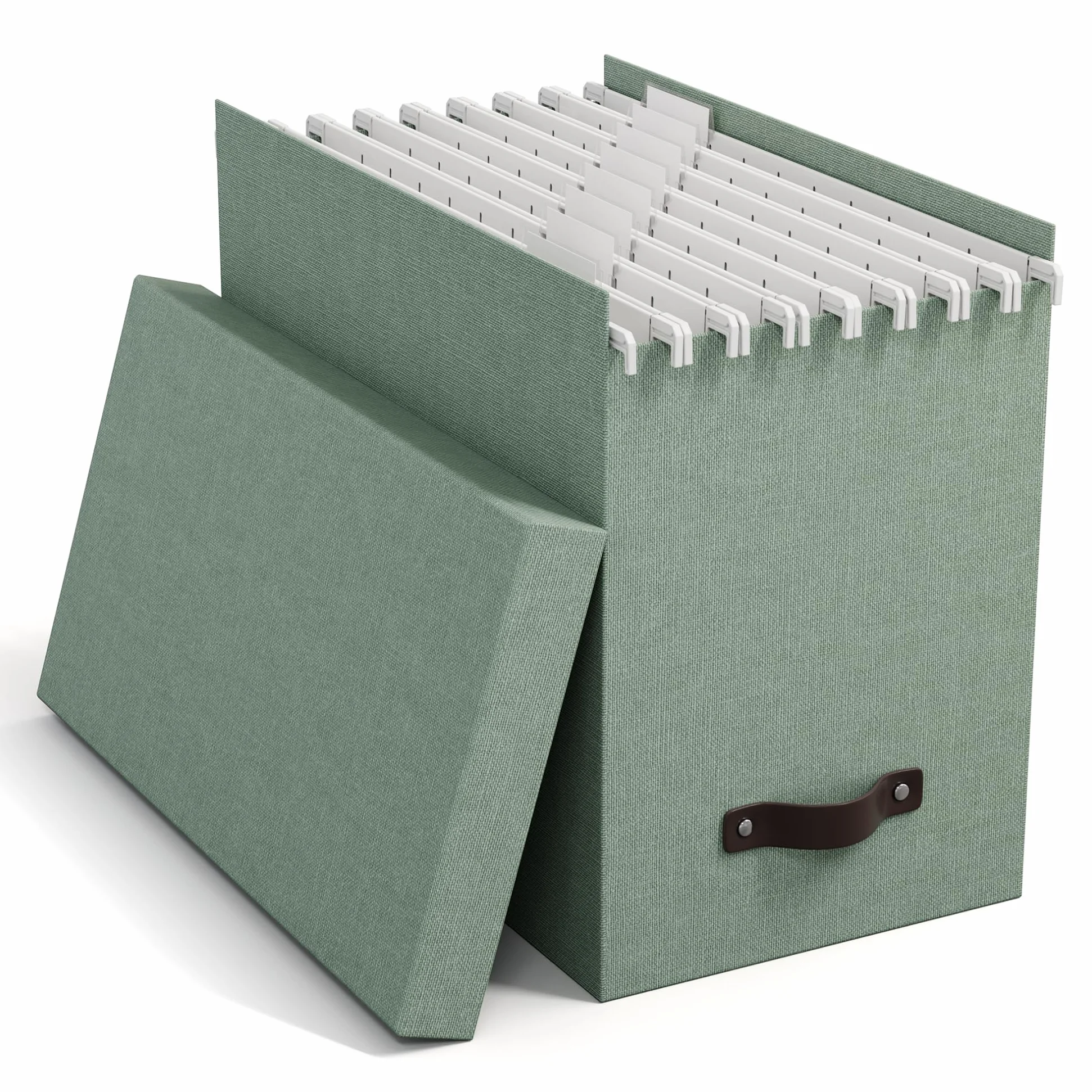 BIGSO JOHAN Scatola per cartelle sospese con coperchio, elegante scatola per archivio con 8 raccoglitori sospesi, scatola per cartelle sospese in fibra e carta in elegante effetto lino, verde menta