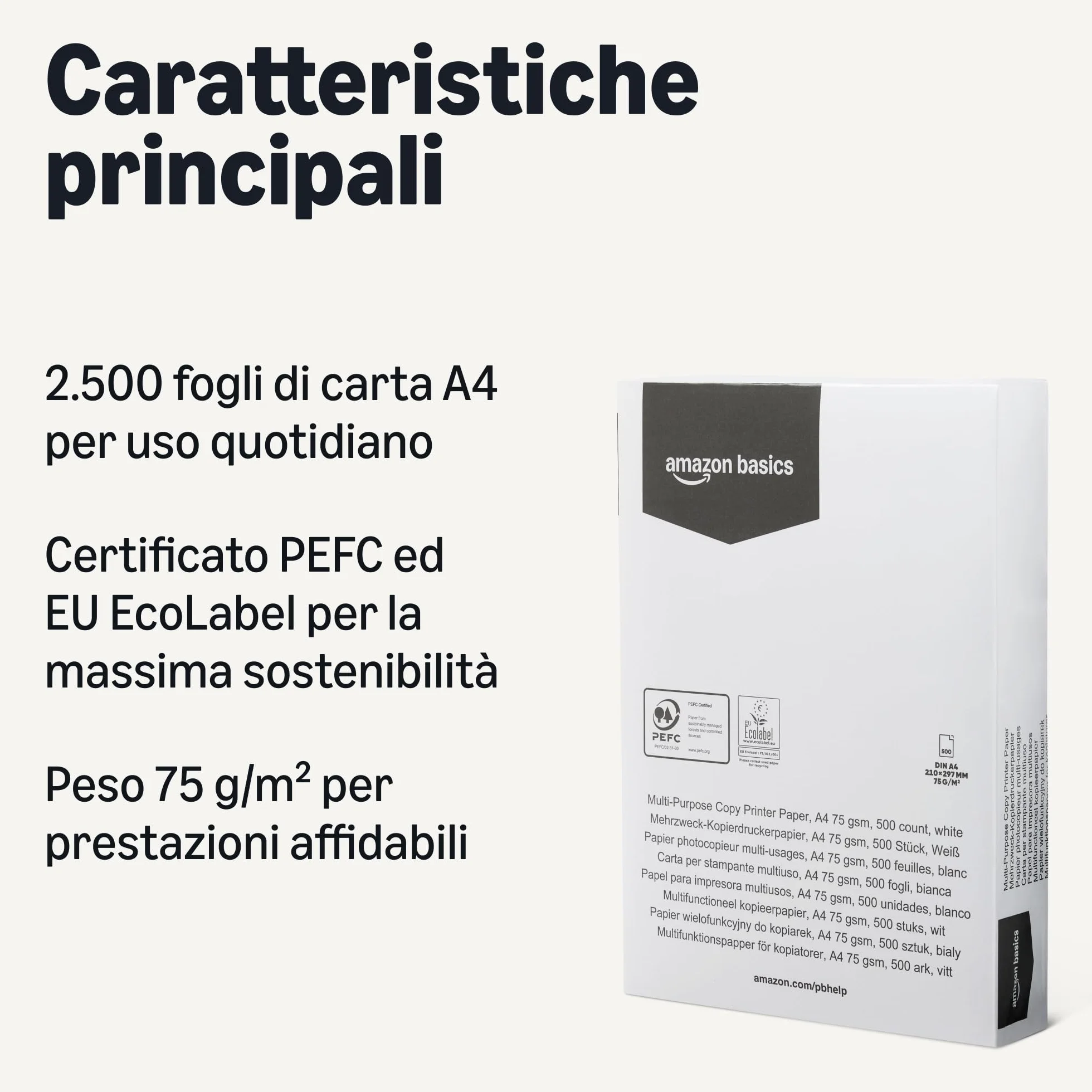 Amazon Basics Carta Multiuso A4 75g/m2 2500 Fogli 5 Risme Bianco