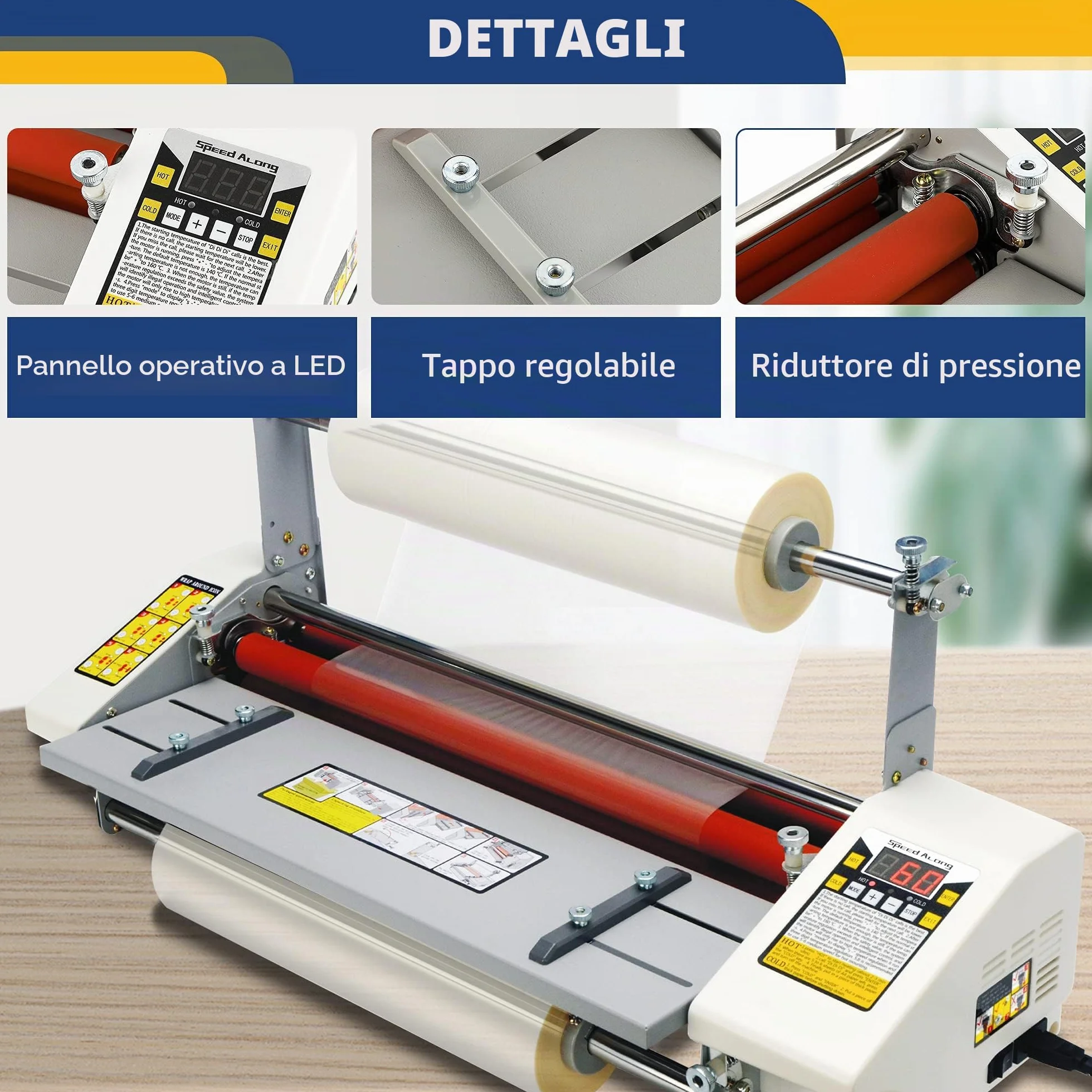 Hanchen Plastificatrice A2+ 440mm Laminatrice a Caldo e a Freddo 0-180℃ Monofacciale e Bifacciale con 4 Rulli per Foto Tessere Documenti