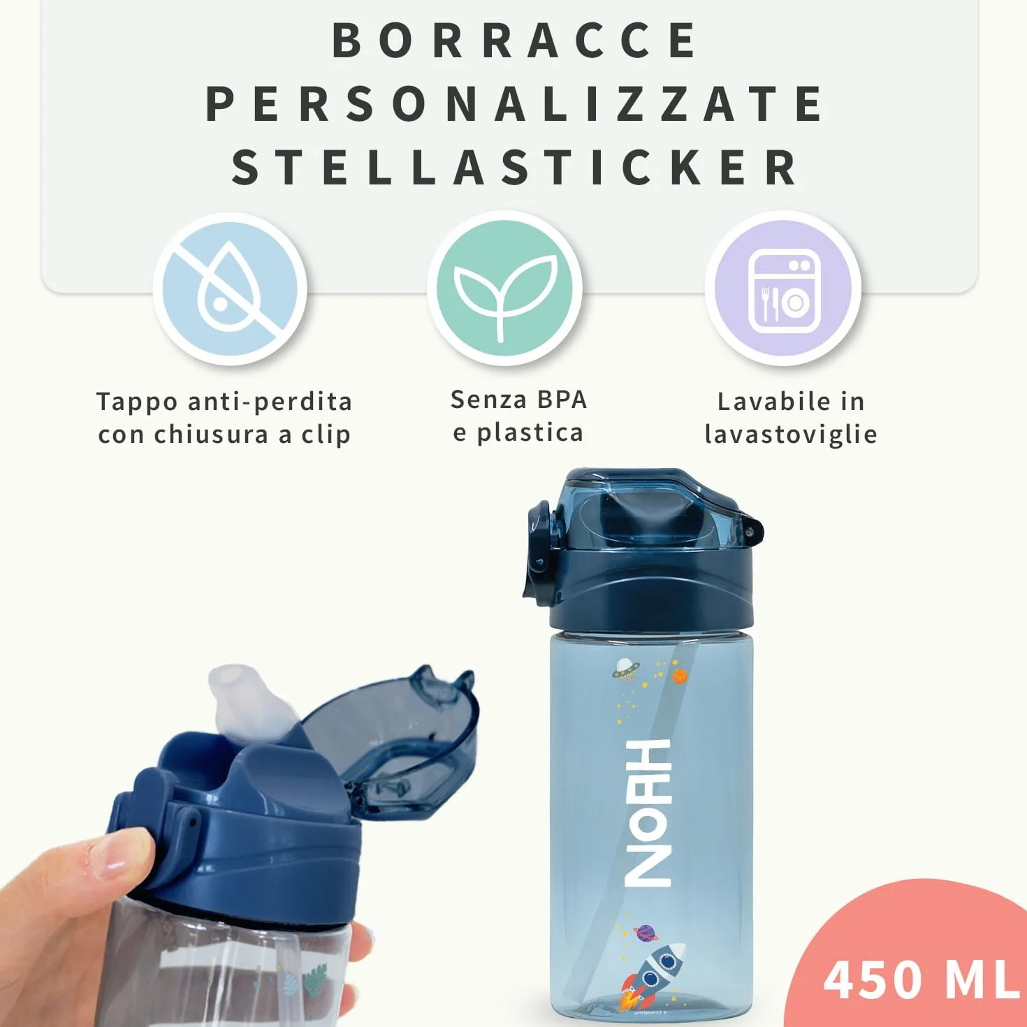 Borraccia Personalizzata per Bambini 450 ml Rosa Antico Senza BPA Lavabile in Lavastoviglie