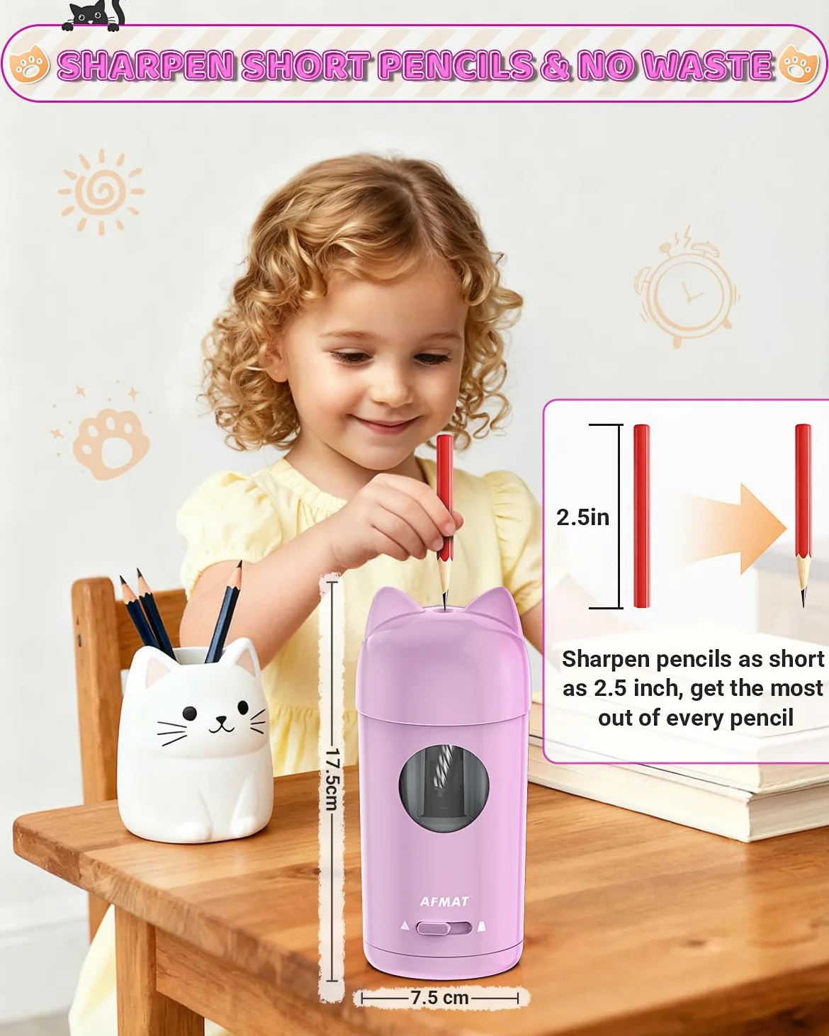 AFMAT Temperamatite elettrico, temperamatite per matite spesse e sottili (7-8 mm), autostop – temperamatite per bambini, ufficio e homeschooling, temperamatite automatico con contenitore di raccolta