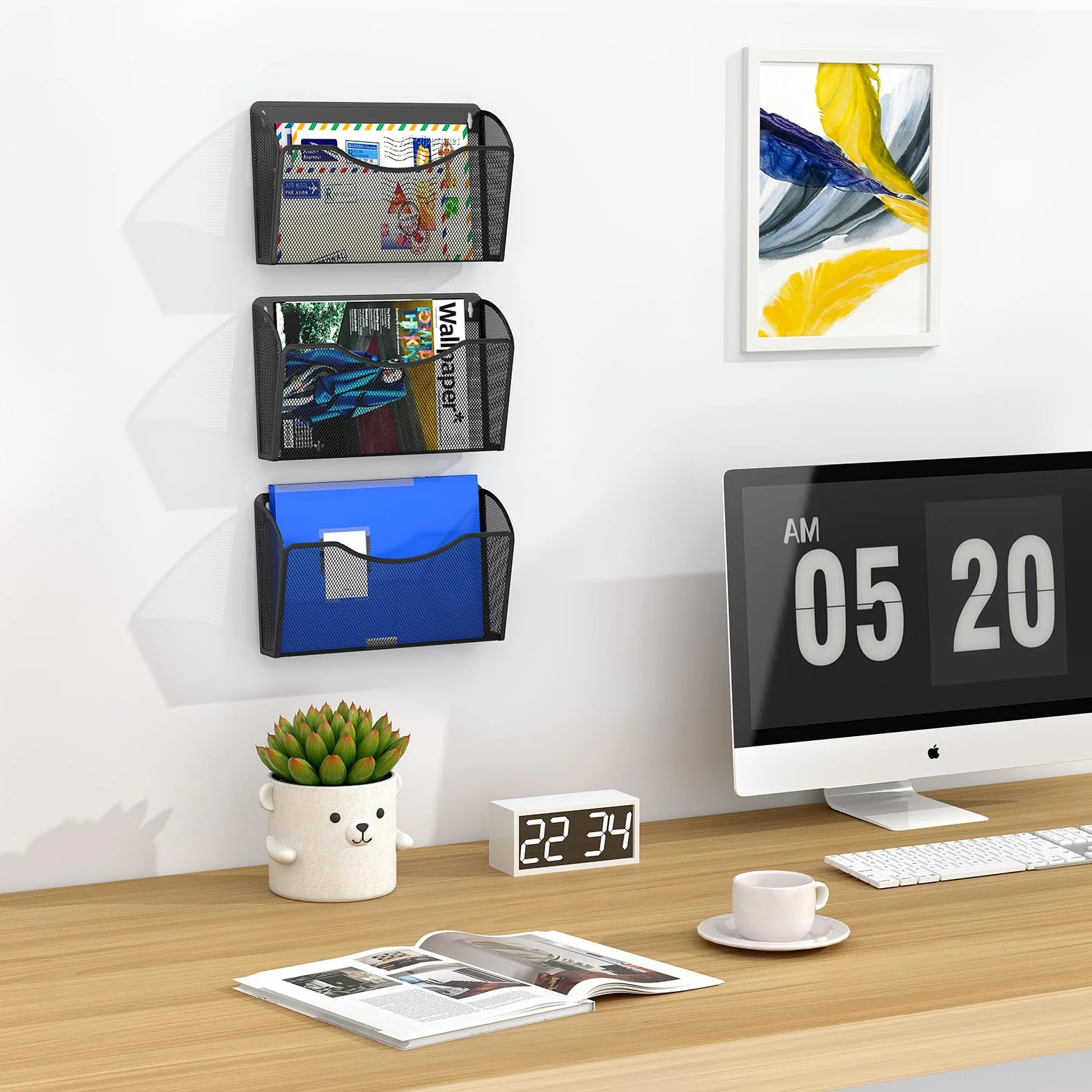 EasyPAG Portadocumenti a Parete A4 3 Tasche Orizzontale Metallo Rete,Portariviste a Muro,Porta Lettere da Appendere,Organizzatore Posta da Muro per Ufficio & Casa,Nero