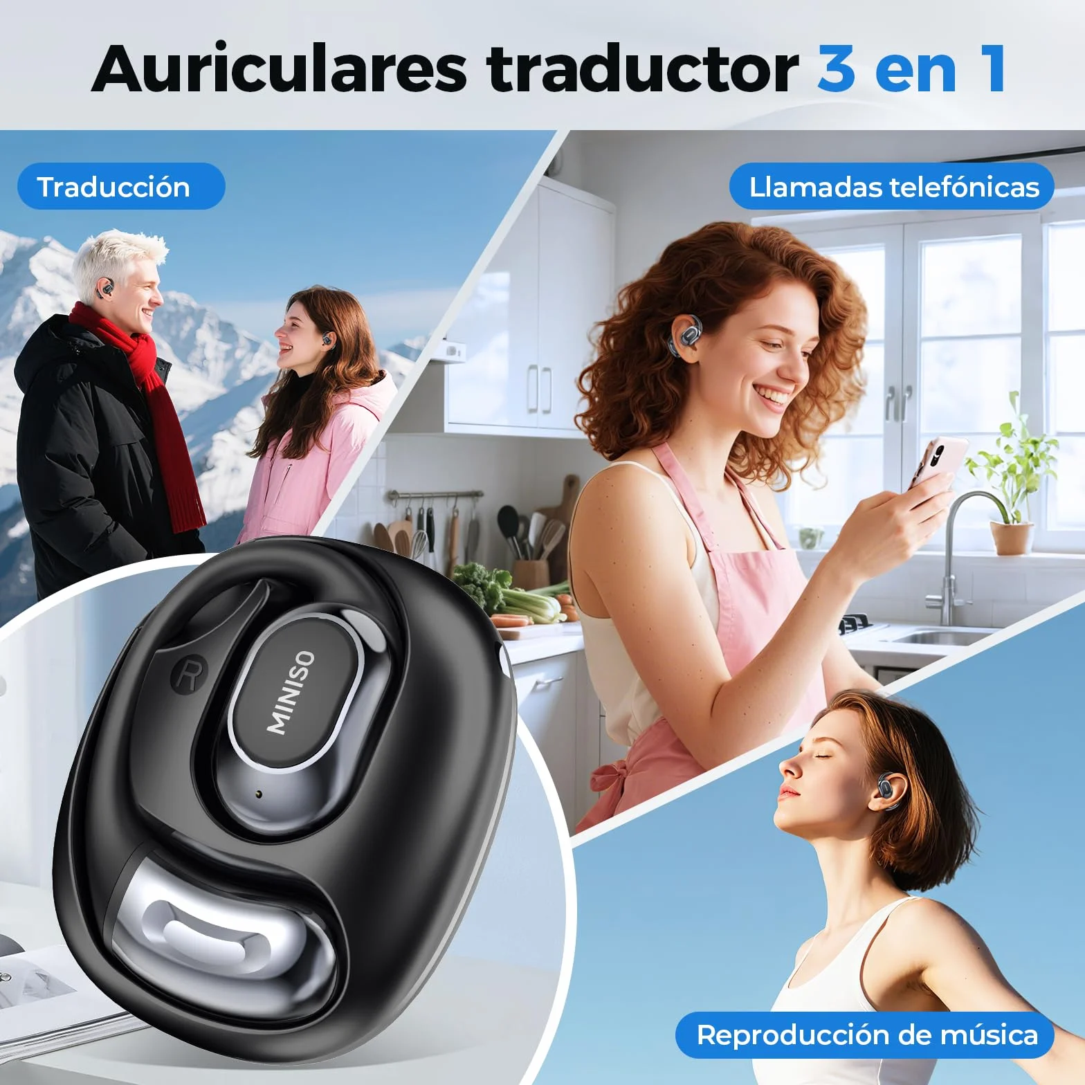 MINISO MS156 AI - Traduttore auricolare 3 in 1 in tempo reale con funzione di traduzione AI, 134 lingue traduttori auricolari per lavoro, viaggi e studio