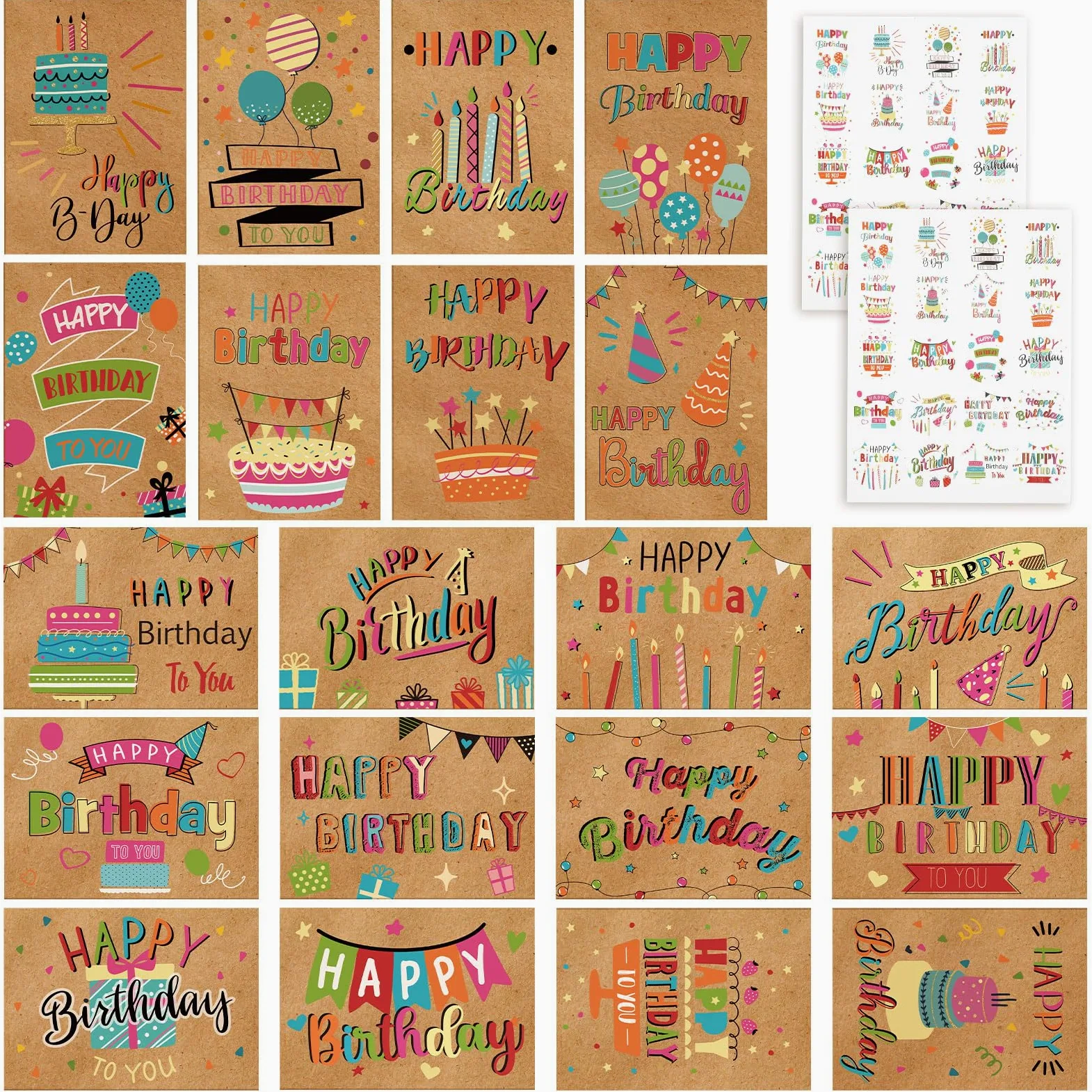 Set di 200 biglietti di auguri di compleanno assortiti, con busta e adesivo, grandi biglietti di auguri di compleanno, 12,7 x 17,8 cm, vuoti, adatti per donne, uomini, bambini, 20 stili (stile