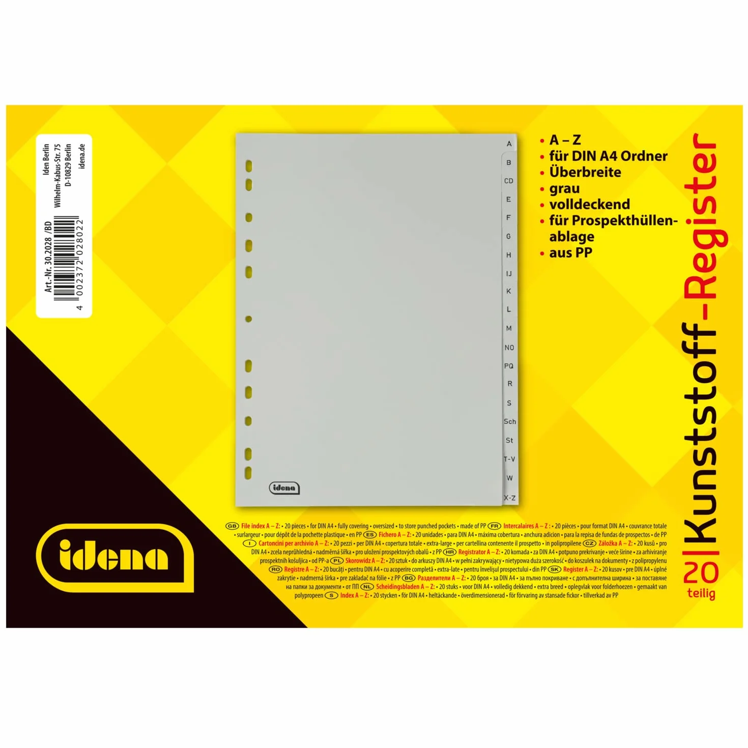 Indice A-Z Idena 302028 per DIN A4 plastica larghezza extra 20 pezzi grigio