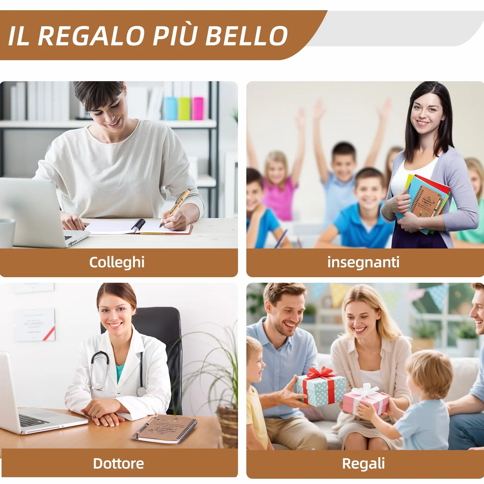Set regalo 4 pezzi per colleghi: quaderno spirale, penna retrattile, portachiavi, sacchetto garza