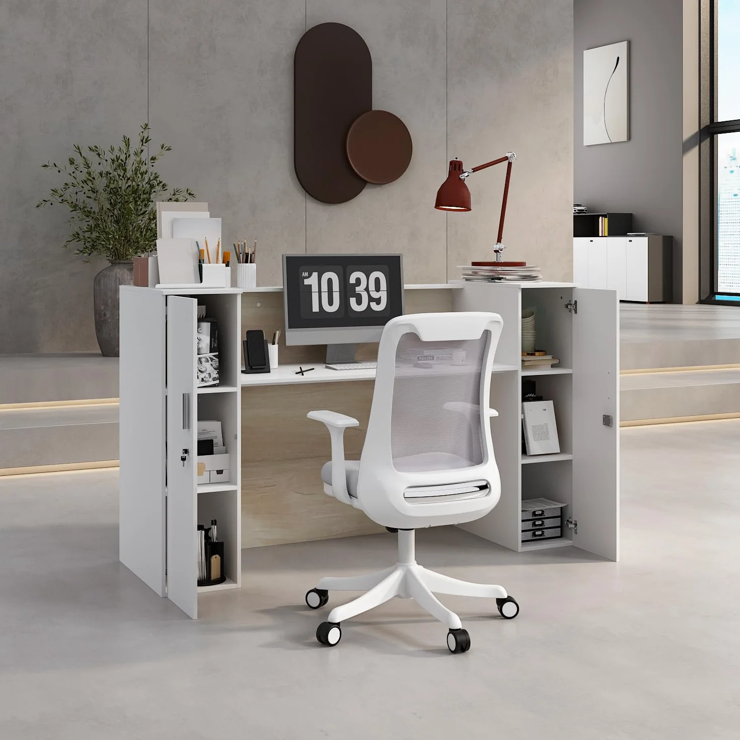 Banco di reception, grandi banchi con ripiani regolabili, bancone della reception, mobili da ufficio, colore legno e bianco, 180 x 60 x 110 cm, MDF, moderno ed elegante