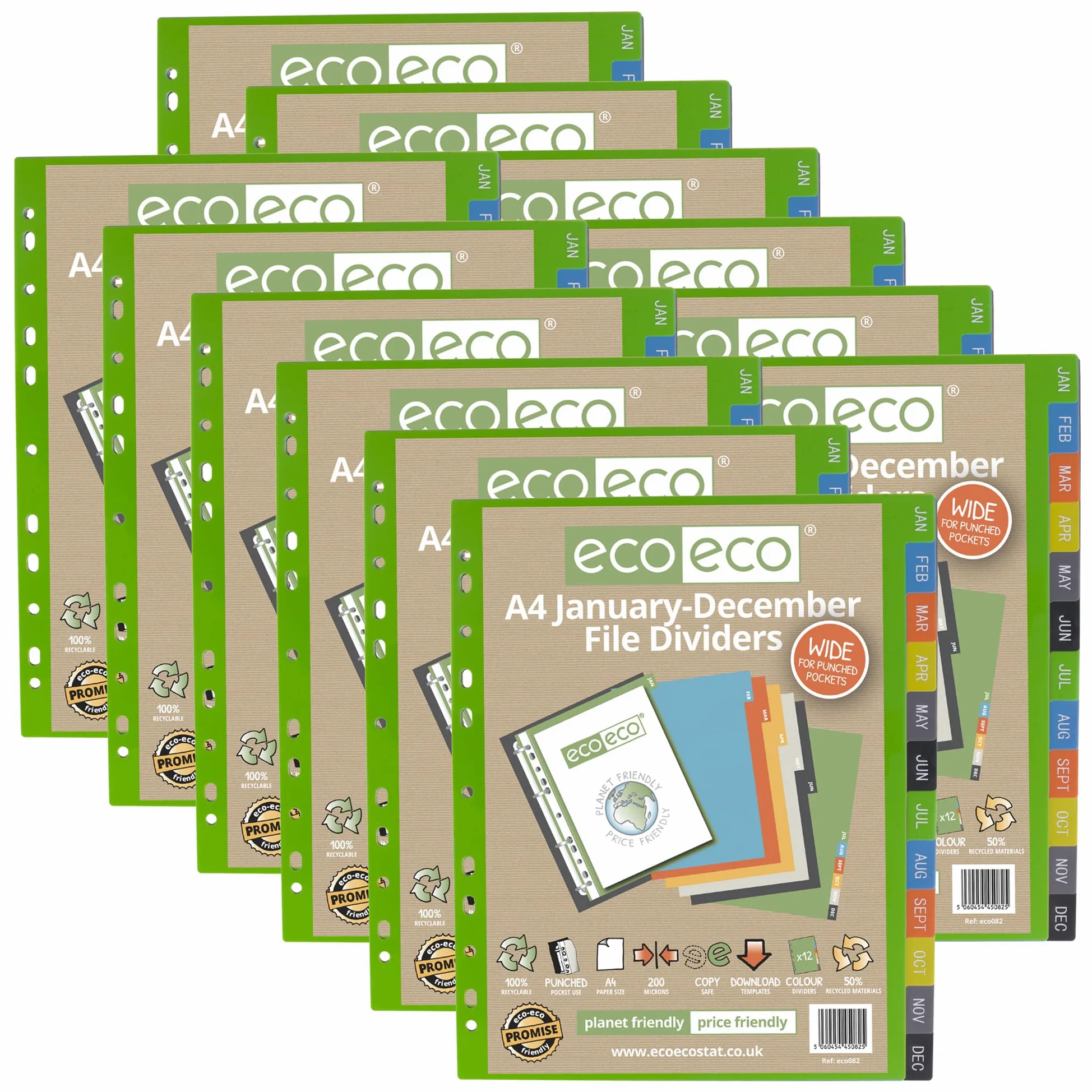 eco-eco Eco082x12 - Divisori extra larghi in formato A4, 50% riciclati, rinforzati, colori da gennaio a dicembre, 200 mic (confezione da 12), eco082 x 12