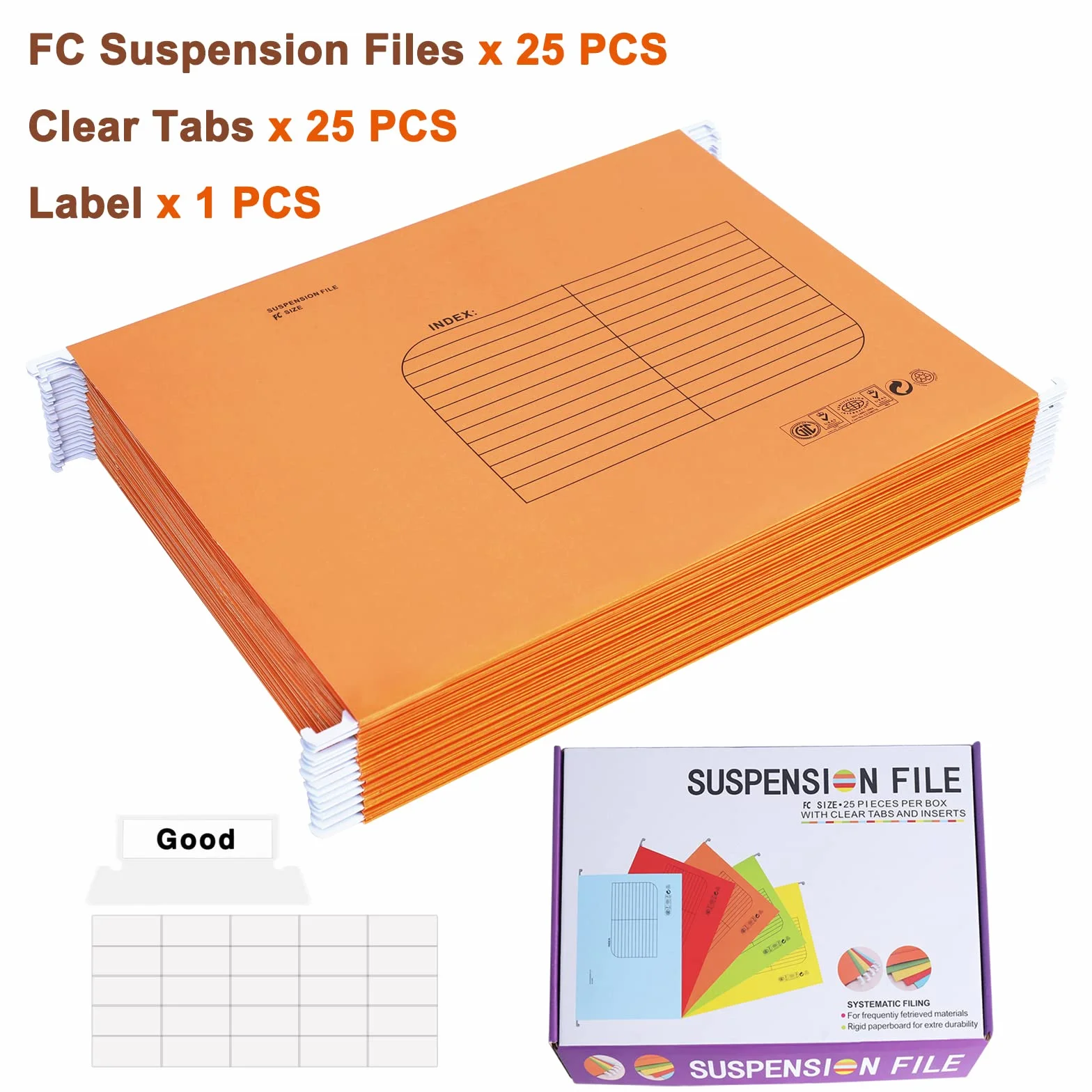 25 Pezzi Cartelle Sospese Foolscap, Cartelline da Appendere con Linguette e Inserti per Ufficio, Scuola, Casa, Organizzazione(Arancione)