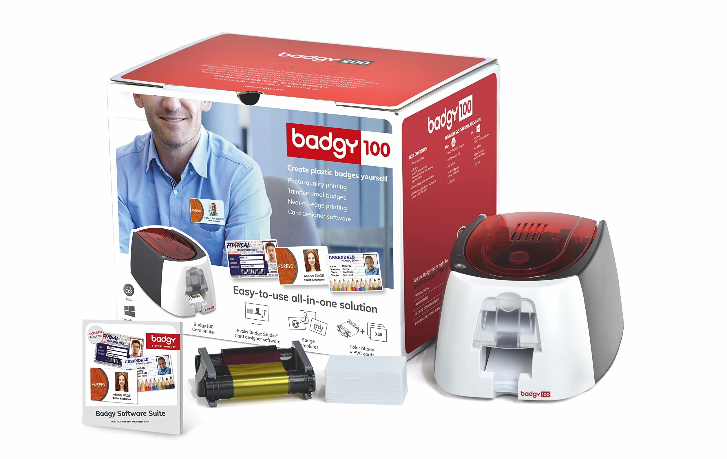 Badgy 100 All In One, Stampante per carte di plastica e distintivi, getto d'inchiostro, Nero, 50 carte