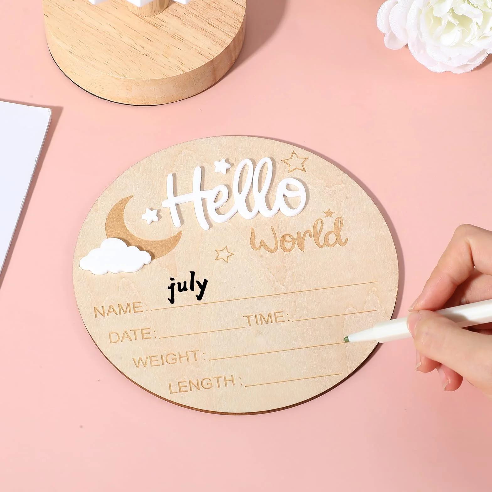 Nogeqi Biglietti miliari bianchi per bambini legno Hello World neonati rotondi genitori incinte
