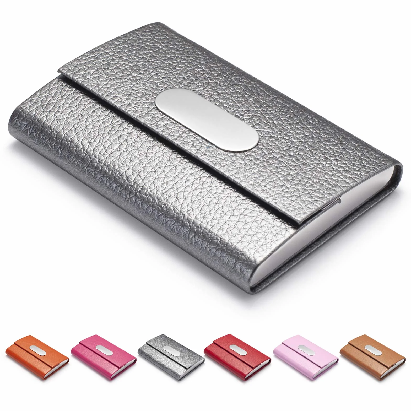 Porta biglietti da visita in pelle PU e acciaio inox con chiusura magnetica Grigio