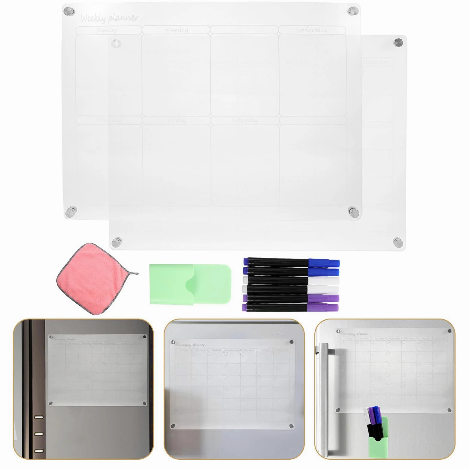 Calendario Magnetico Mensile e Settimanale Trasparente per Frigorifero Lavagna Meal Planner Cancellabile Secco con Magneti Resistenti Set Completo per Organizzare Programmi e Pasti