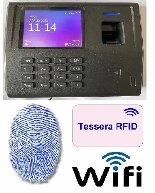 RILEVATORE PRESENZE MARCATEMPO WIFI, 20 BADGE E ISTRUZIONE SOFTWARE IN TELEASSISTENZA PER 4 MESI DEL VALORE DI € 320, IMPRONTA DIGITALE+RFID, WEBSERVER, SOFTWARE ITALIANO. VENDUTO DA AZIENDA ITALIANA