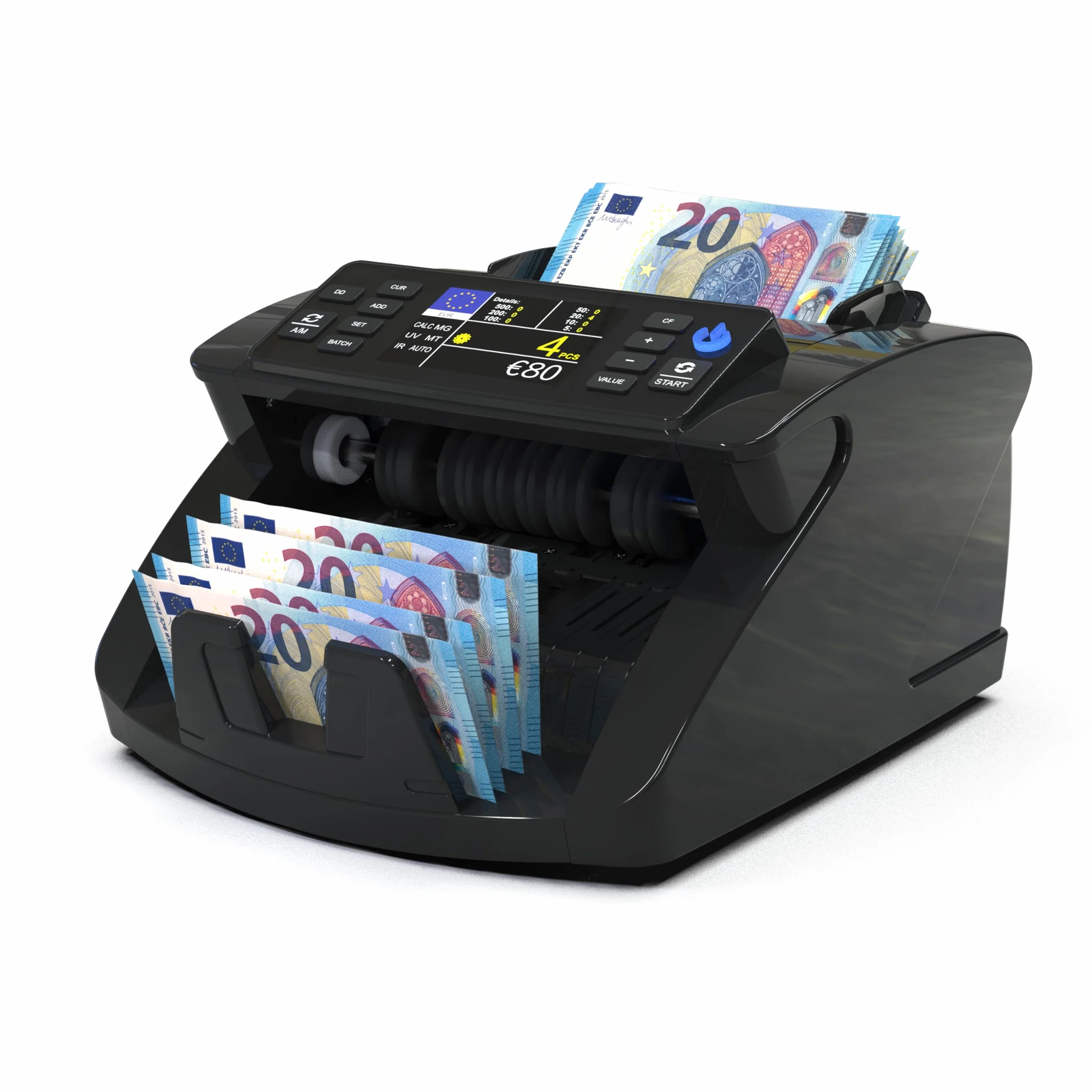 Detectalia V10 Macchina Conta Banconote con Rilevamento UV/MG/IR/MT/DD, Schermo TFT 3,5” + Display Esterno, Valore Totale, Lotto e Somma, 1000/Minuto, per EUR-GBP-CHF-USD-SEK-DKK-PLN-TRY-AED-SAR