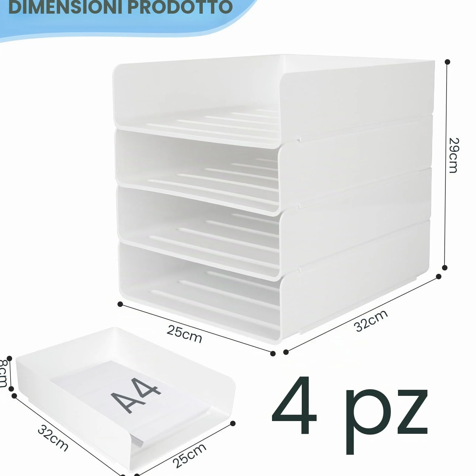 4 Pezzi Vaschetta Porta Documenti Ufficio Impilabile, Organizzatore Scrivania Bianco in PET, Vassoio Porta Documenti A4, Organizer Scrivania per Libri Documenti Fogli Riviste