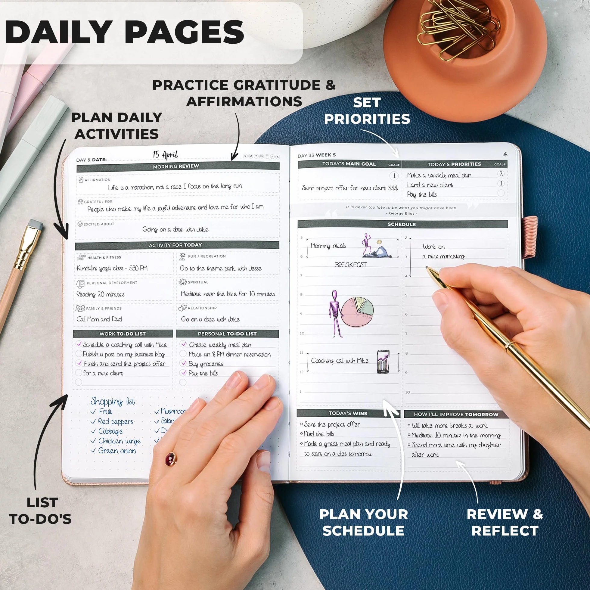 Clever Fox Ultimate Achiever's Goal Planner – Diario di 90 giorni Focus & Productivity. Agenda giornaliera settimanale mensile e agenda oraria, senza data, copertina rigida, formato A5, oro rosa