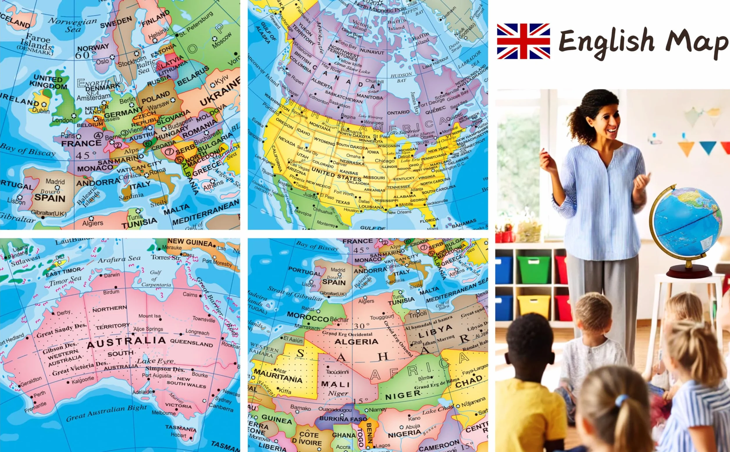 EXERZ 20cm Mappamondo illuminato - Mappa Inglese - Globo Supporto in Legno - Mappa Politica (Giorno) - Stelle Della Costellazione (Notte) - Lampada LED - Casa E Scuola