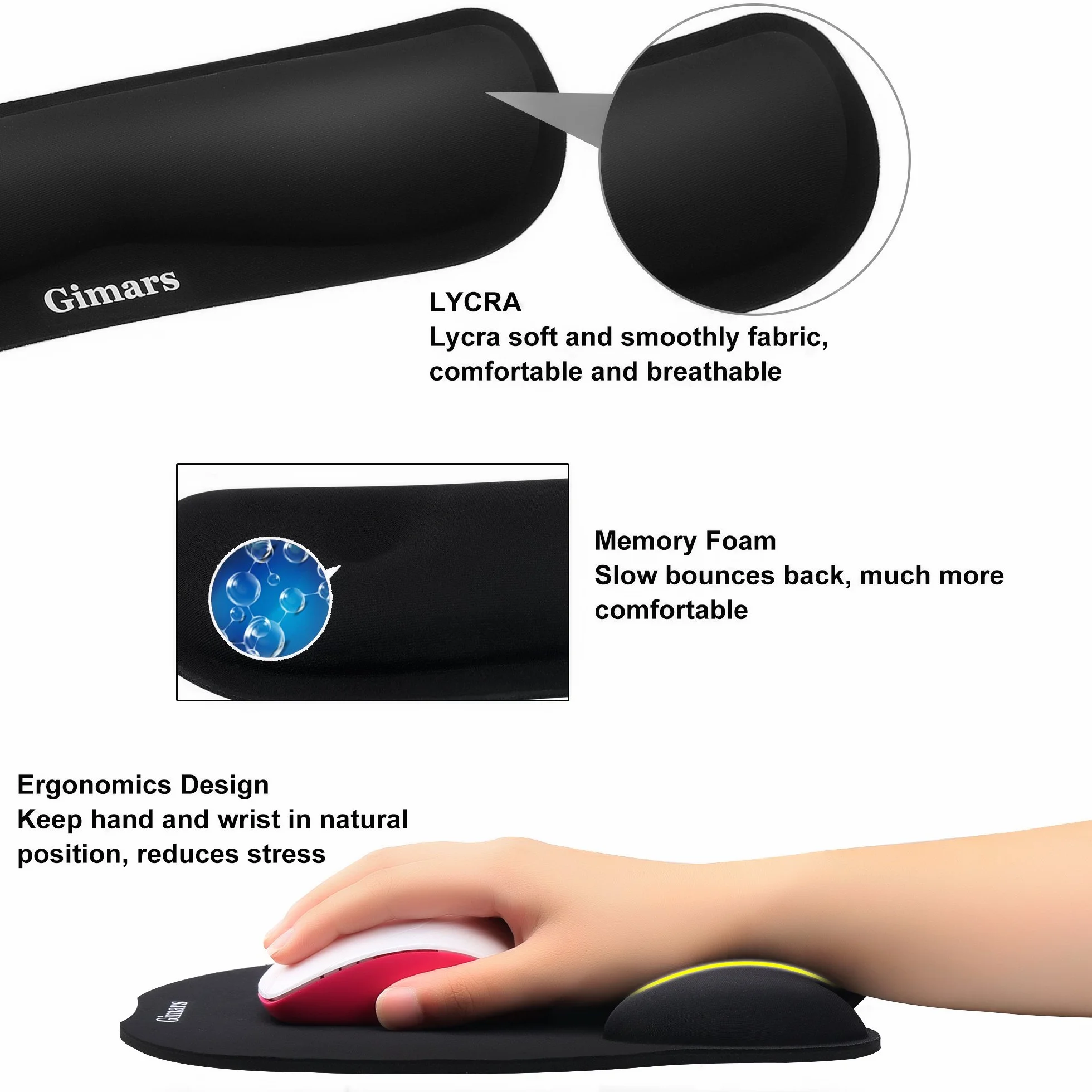 Gimars Cuscini Poggiapolsi e Mouse Pad con Poggiapolsi per Mouse Tastiera Ergonomico Memory Foam Lycra