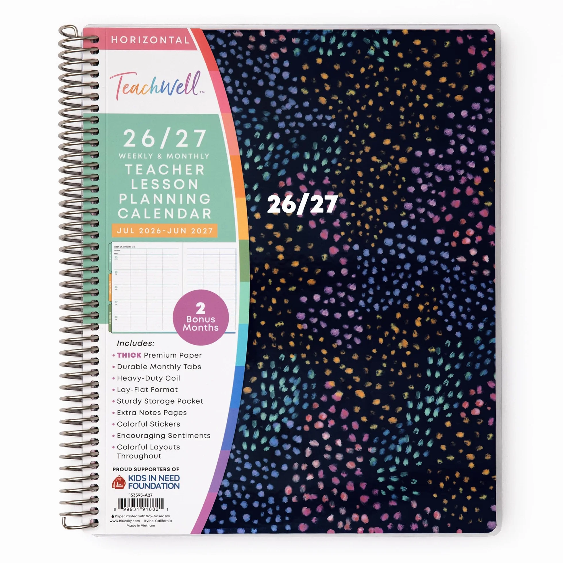 Blue Sky Teachwell Calendario settimanale e mensile 2026-2027, per insegnanti, anno accademico, luglio 2026-2027, 21,6 x 27,9 cm, copertina flessibile, rilegatura a spirale resistente, interno