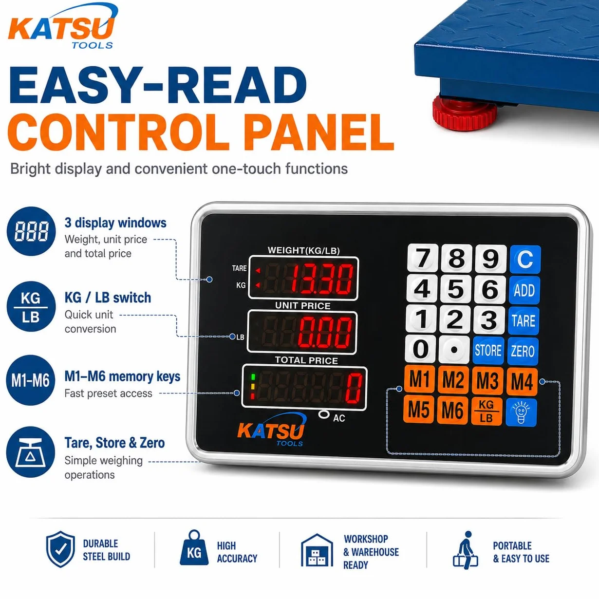 KATSU Bilancia a Piattaforma Industriale 100kg /10g Elettronica Ricaricabile Display LED 32x42cm Acciaio Antiruggine