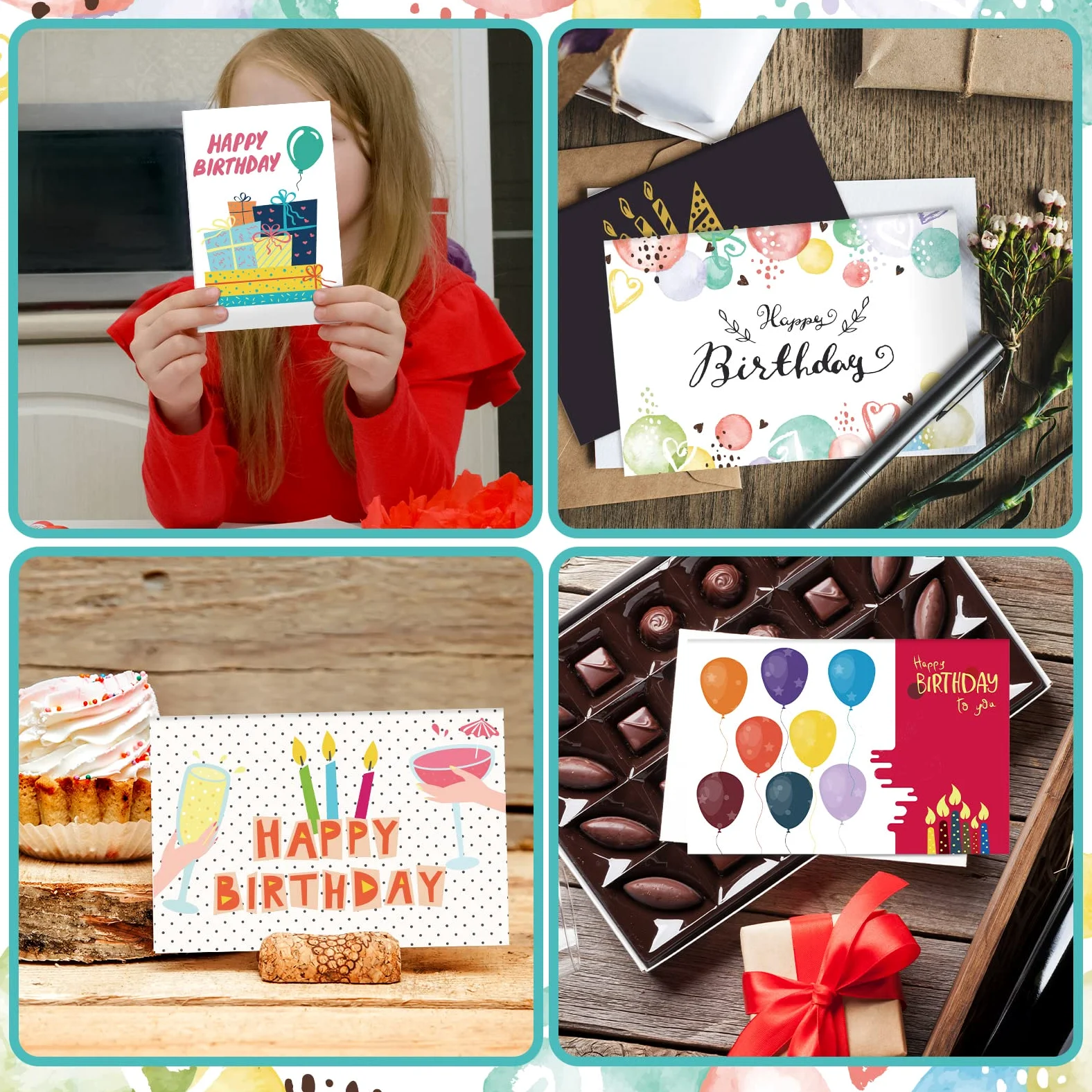 Harloon Confezione da 200 biglietti di auguri di buon compleanno, assortiti, con buste vuote e adesivi, 10 x 15 cm, biglietti di auguri vuoti per donne, uomini, bambini e adulti, 20 stili (colorati)
