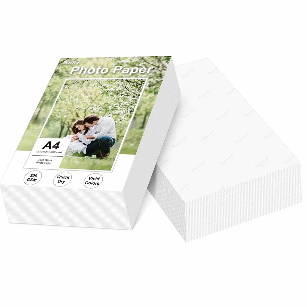 Ainiv 50 Fogli Carta Fotografica Lucida A4 200 g/m² Asciugatura Rapida Impermeabile per Stampanti a Getto d'inchiostro HP Canon Epson
