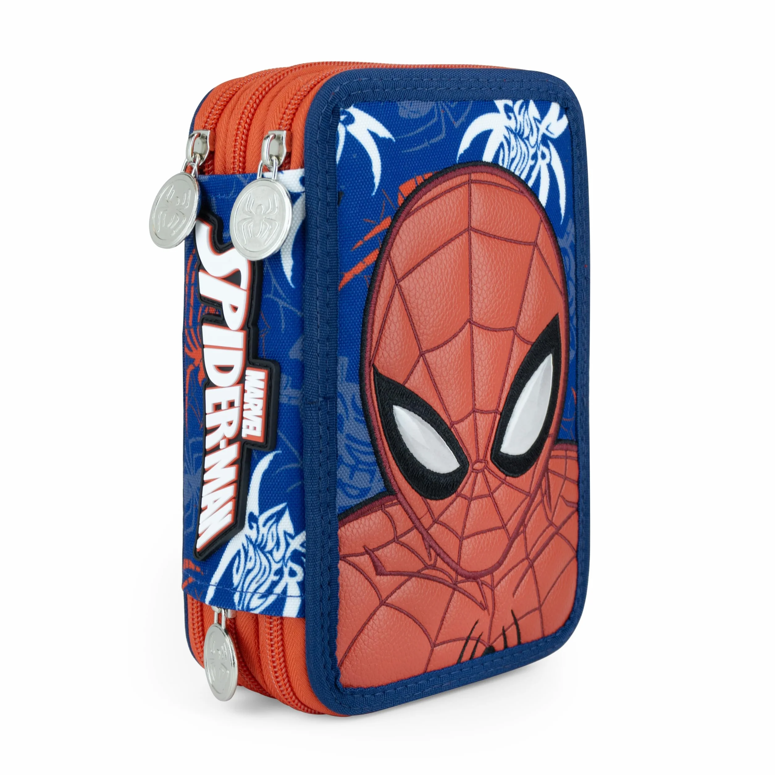 CERDÁ LIFE'S LITTLE MOMENTS Astuccio 3 Zip Spider-Man Cerdà | Licenza Ufficiale Marvel | 3 Scomparti | Scuola Elementari e Medie | Blu e Rosso Stampa Ragnetti con Patch PU e Tirazip Ragno