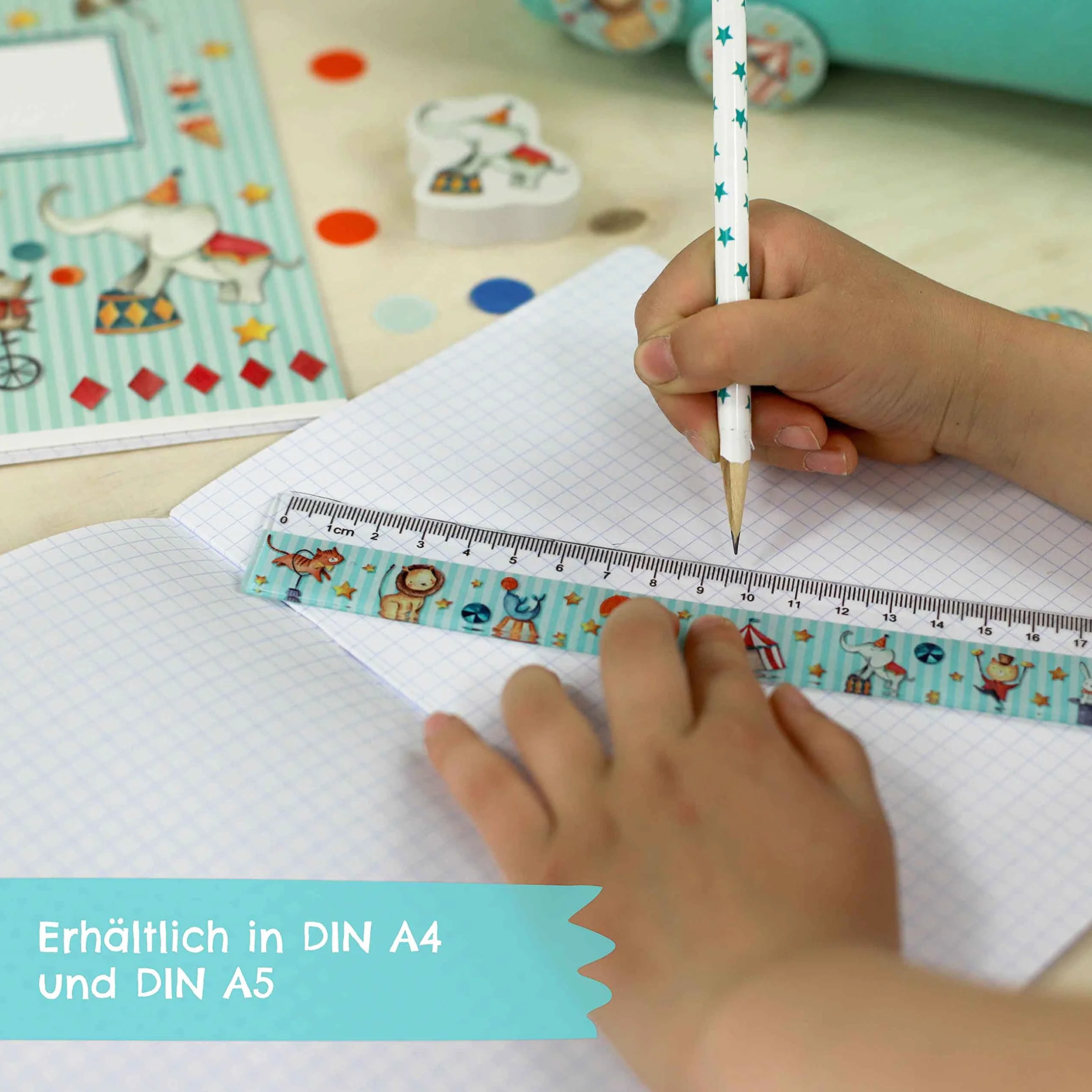 4 quaderni DIN A5 a righe e quadretti 32 pagine per bambini circo scuola elementari