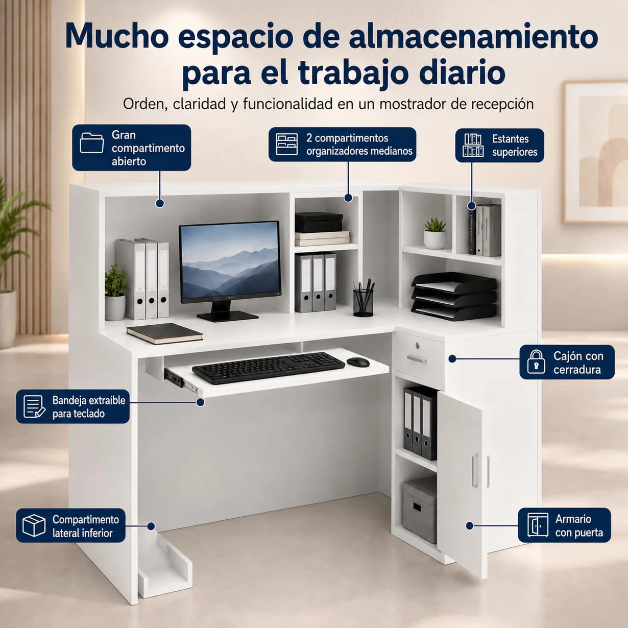 Banco reception, scaffalatura rimovibile, banco reception con 1 cassetto e 1 armadio,banchi di ricezione in MDF, 140 x 80 x 120 cm, bianco